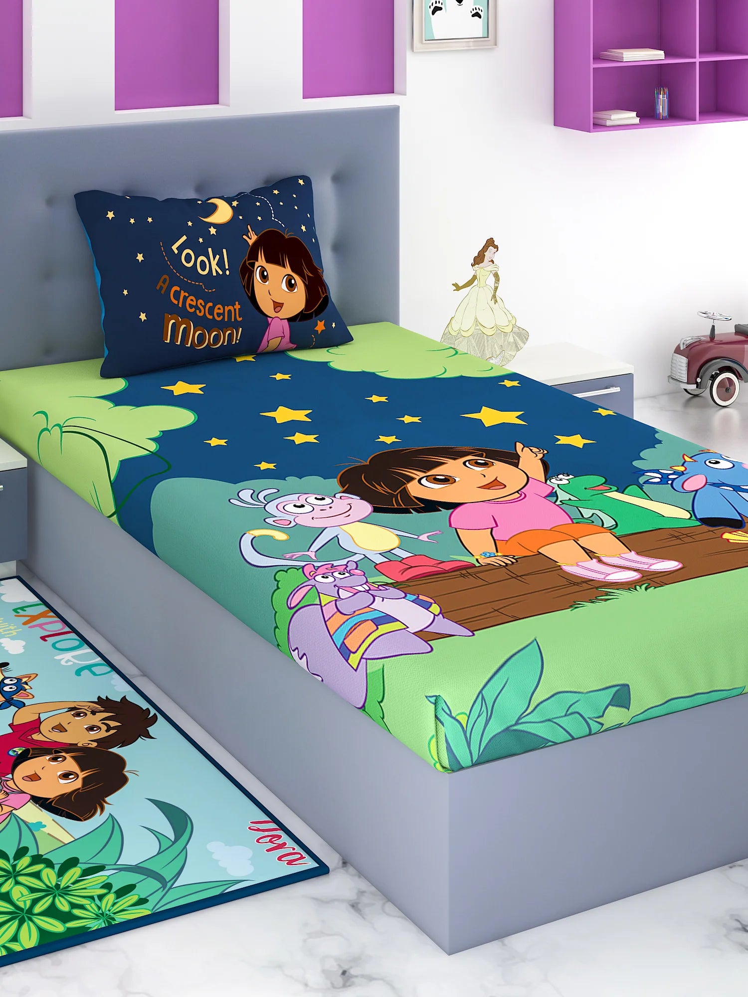 Athom Living Dora The Explorer Cotton Single Kids Bedsheet 180 TC 147x223 Cm