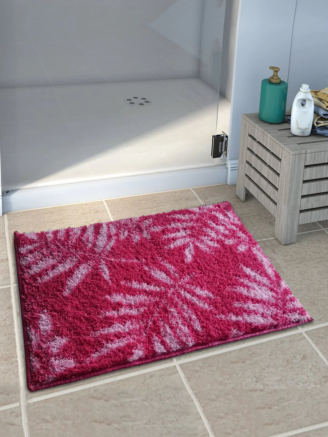 Athom Living Pink Leaf Micro Designer Soft Anti Slip Bath Mat