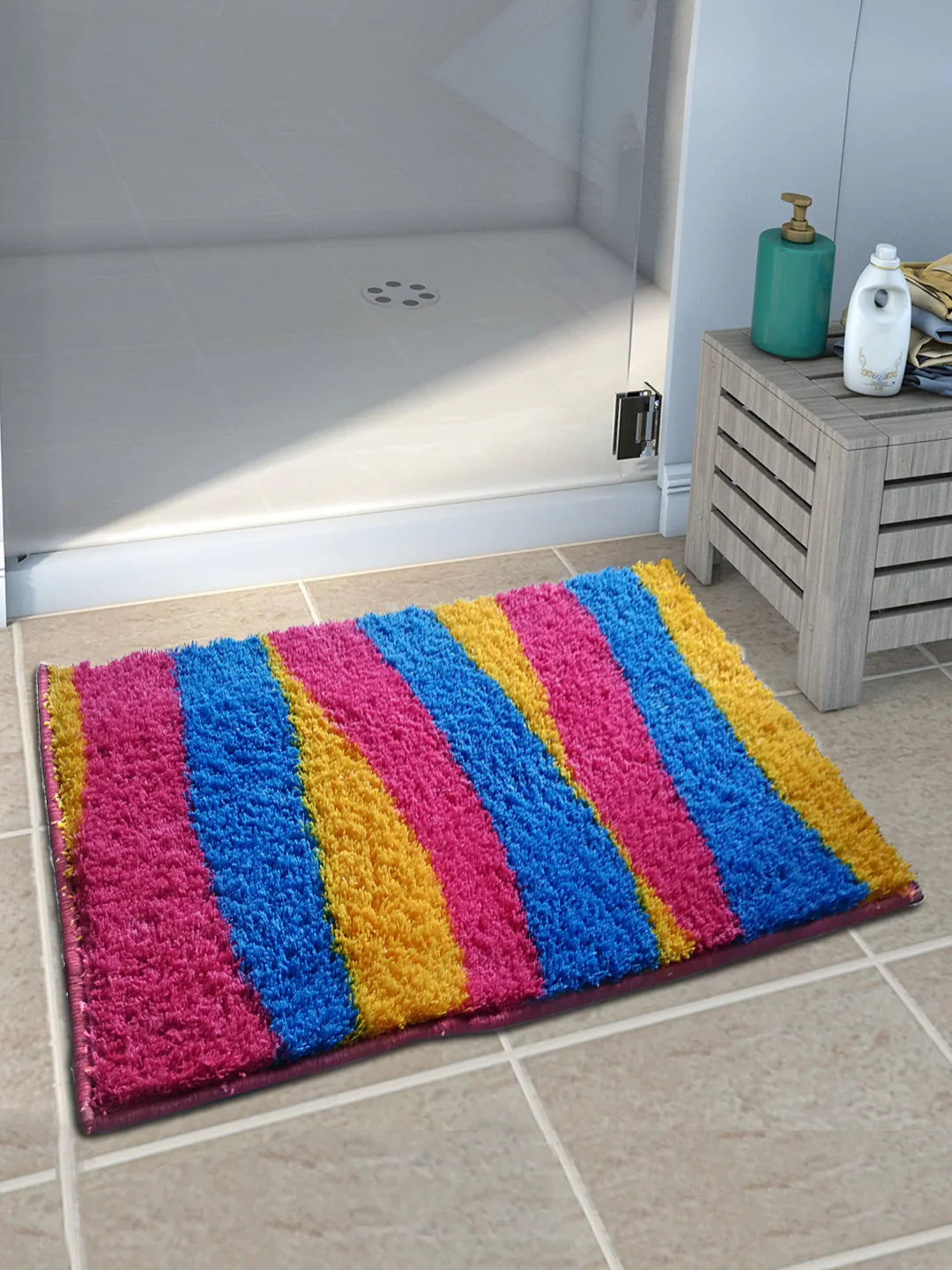 Athom Living Blue, Pink & Yellow Micro Designer Soft Anti Slip Bath Mat