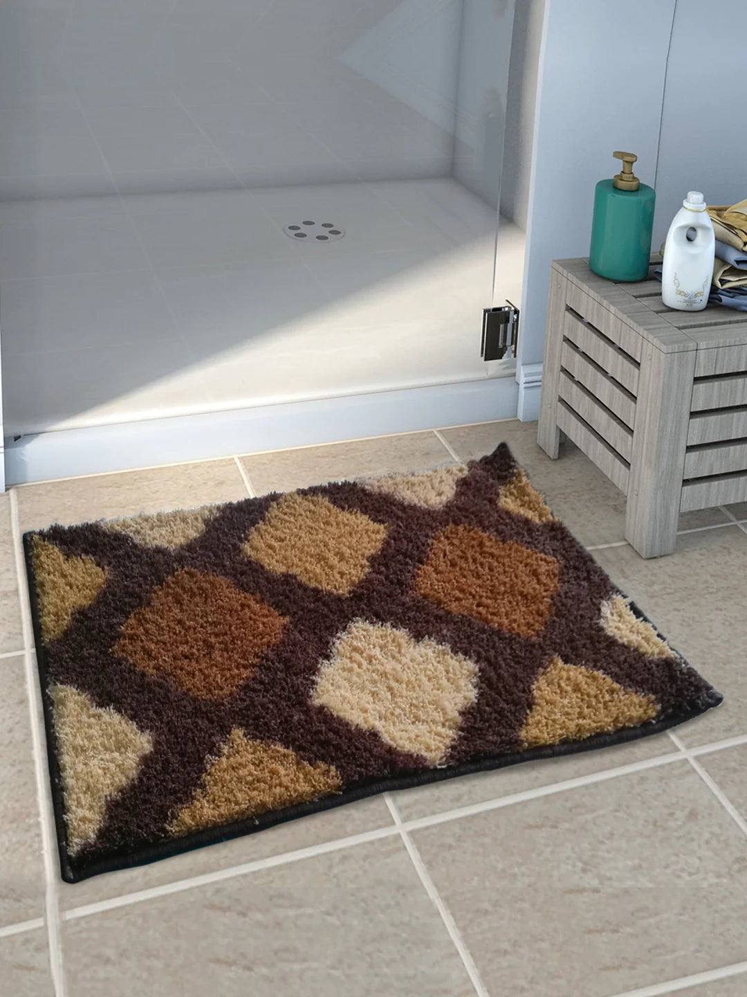 Athom Living Brown & Beige Micro Designer Soft Anti Slip Bath Mat