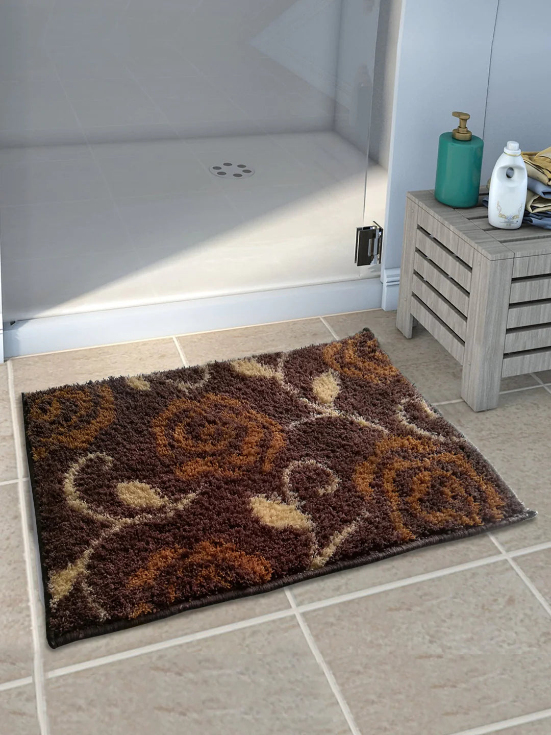 Athom Living Brown Flower Micro Designer Soft Anti Slip Bath Mat