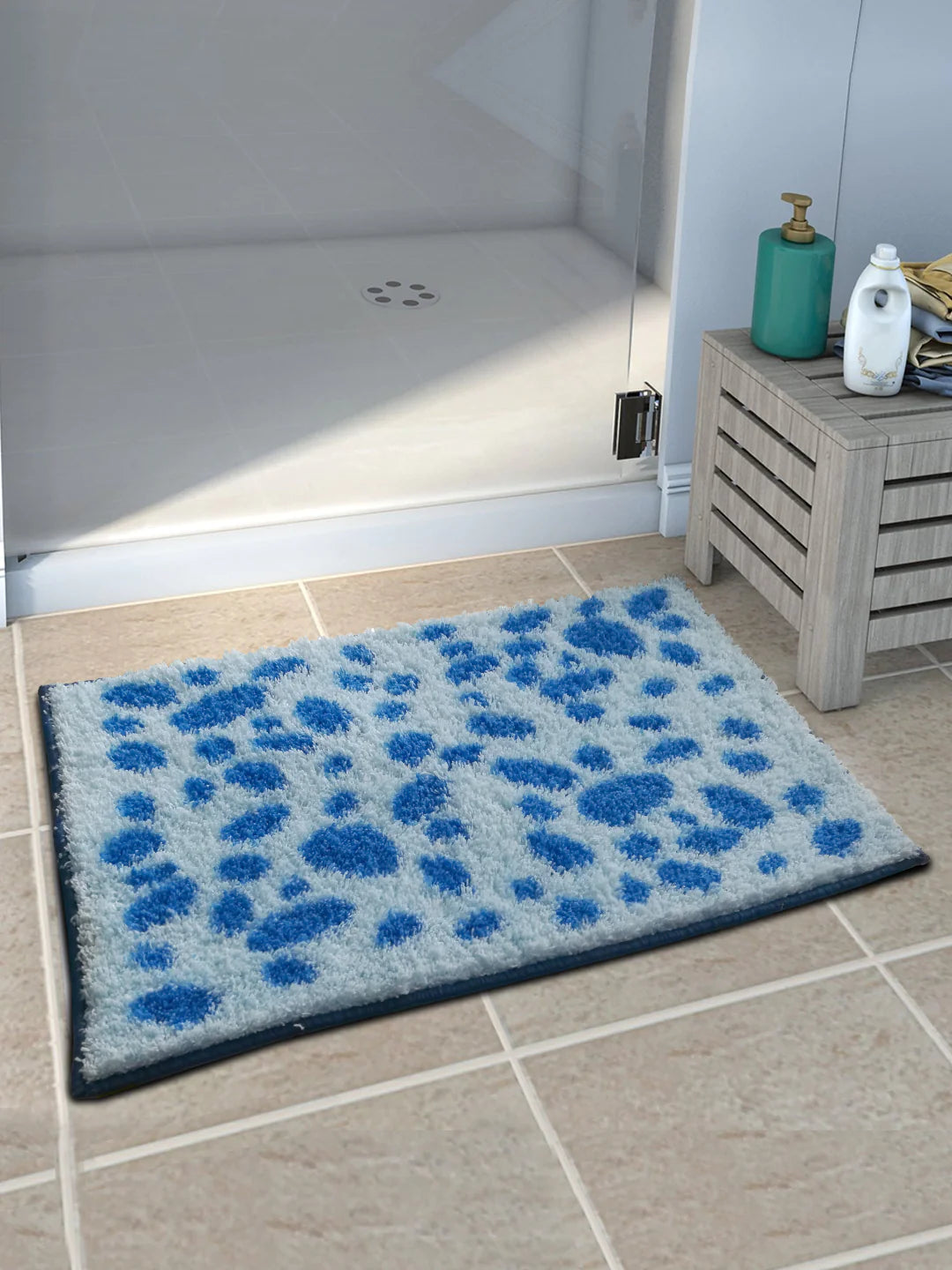 Athom Living Blue Dotted Micro Designer Soft Anti Slip Bath Mat