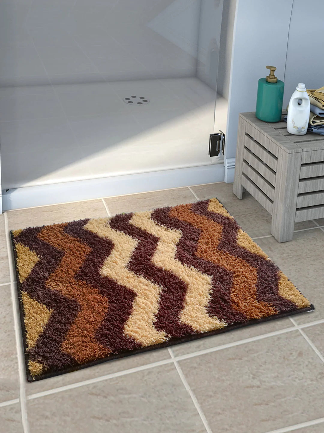 Athom Living Brown Stripes Micro Designer Soft Anti Slip Bath Mat