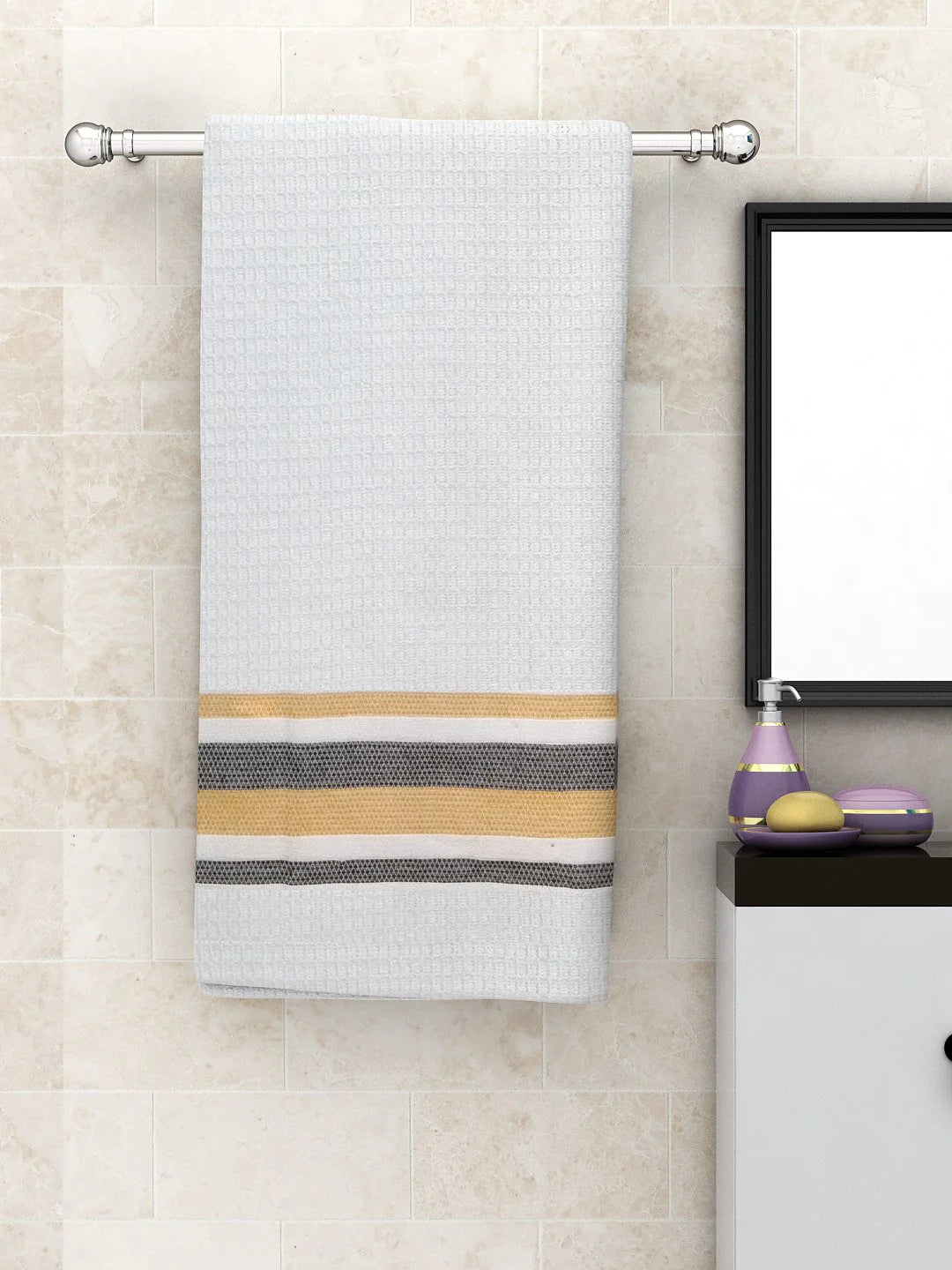Athom Living Waffle Border White & Yellow Light Weight Woven Cotton Bath Towel- Large