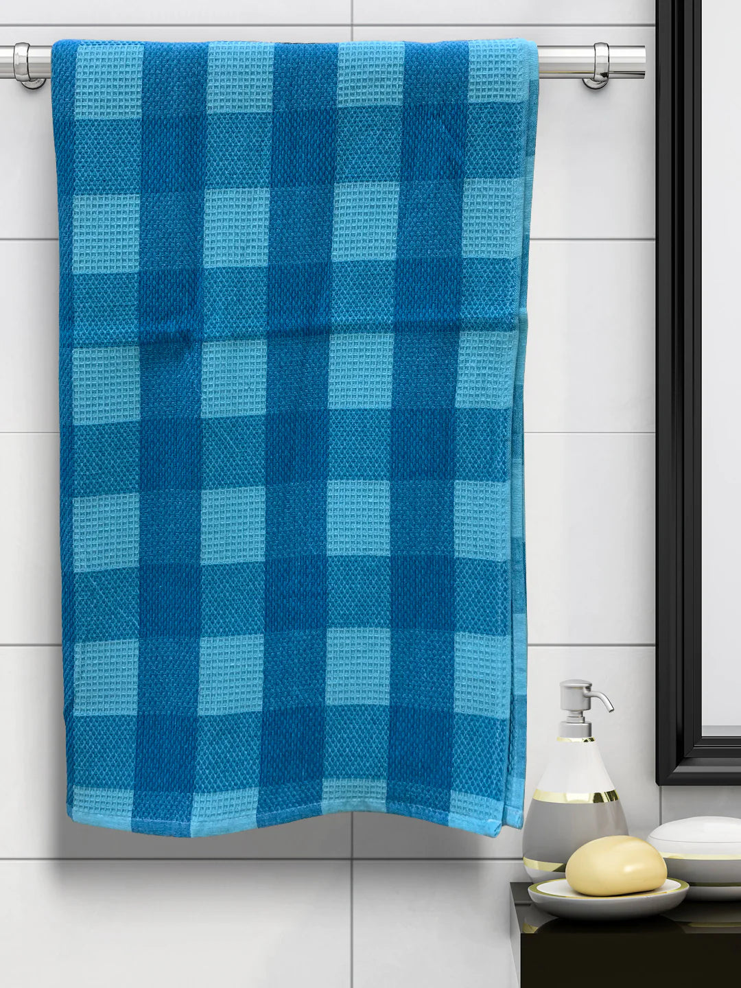 Athom Living Ecosaviour Premium Cotton Bath Towel S Blue Big Checks- Large