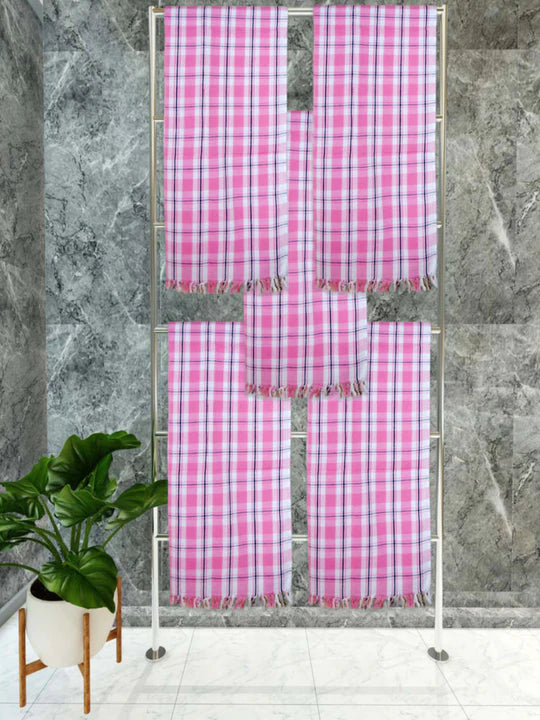 Athom Living Premium Gamcha Bath Towel 75 x 150 cm Pack of 5 White with Pink checkered