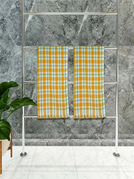Athom Living Premium Gamcha Bath Towel 75 x 150 cm Pack of 2 White with Yellow checkered