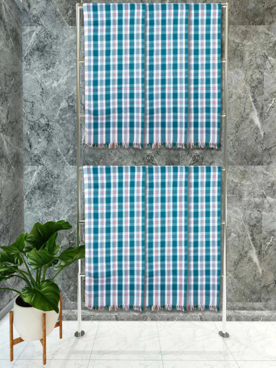 Athom Living Premium Gamcha Bath Towel 75 x 150 cm Pack of 6 White with Bottle Green checkered