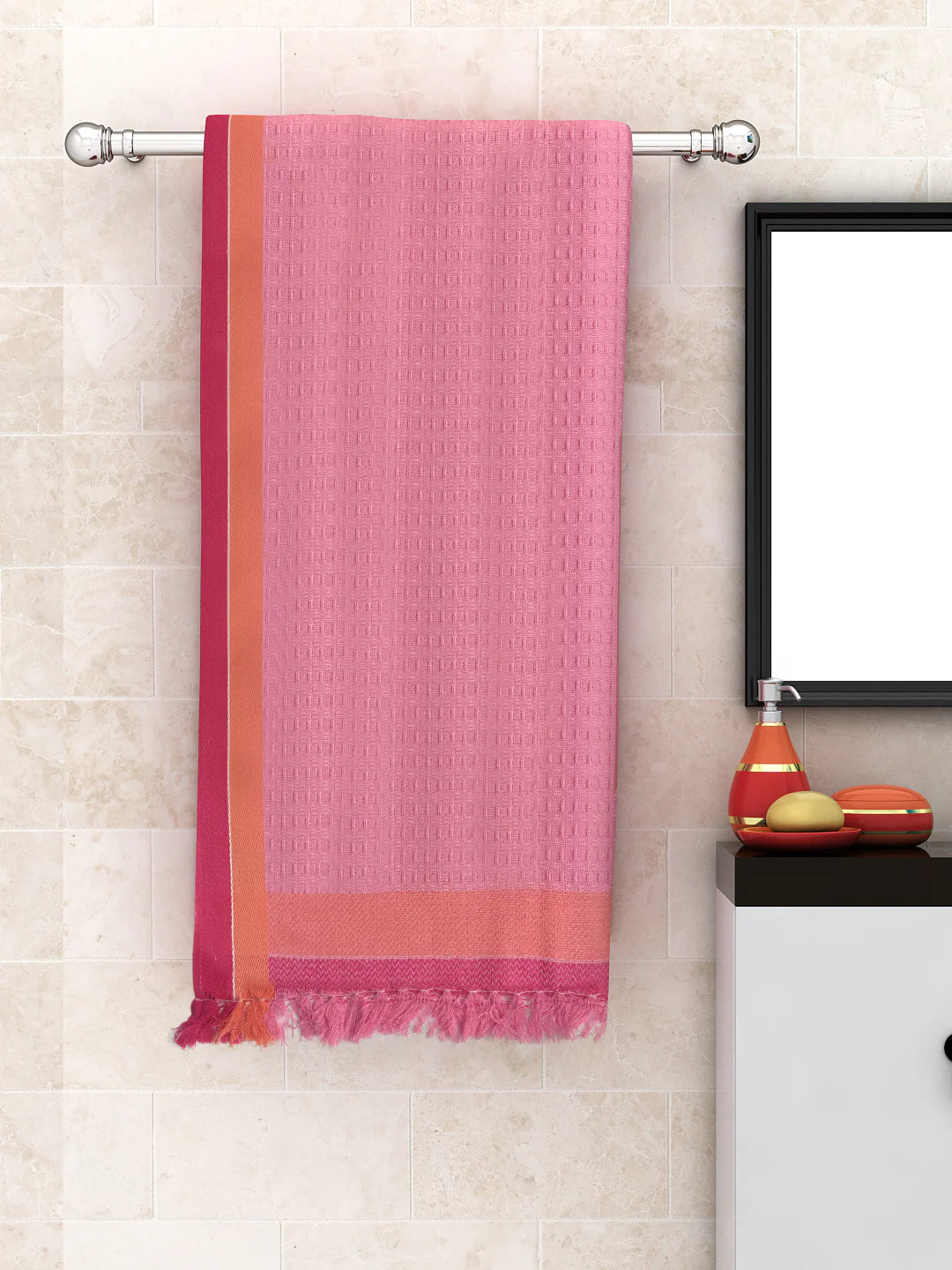 Athom Living Waffle Border Pink Light Weight Woven Cotton Bath Towel- Large