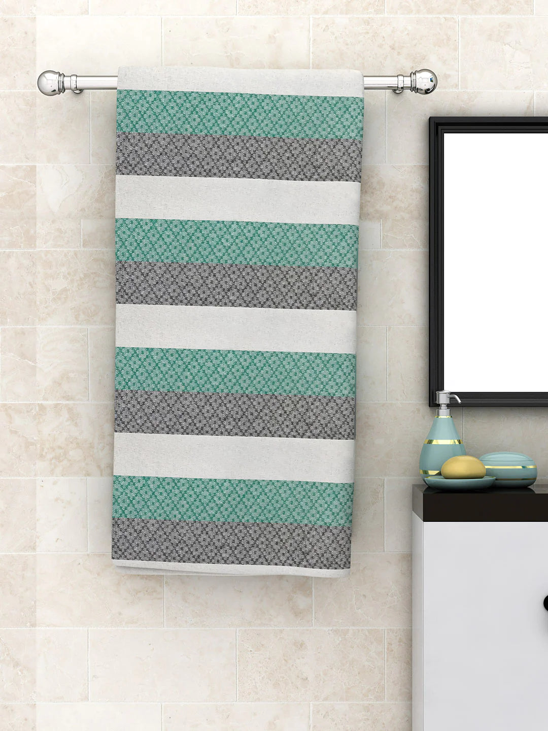 Athom Living Modern Checks Green Light Weight Woven Cotton Bath Towel- Large