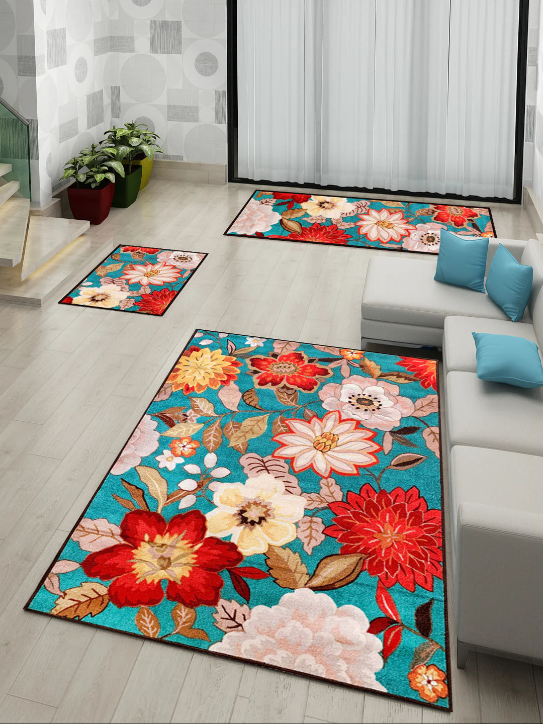Athom Living Floral Love Premium Anti Slip Printed Doormat, Runner & Carpet Set