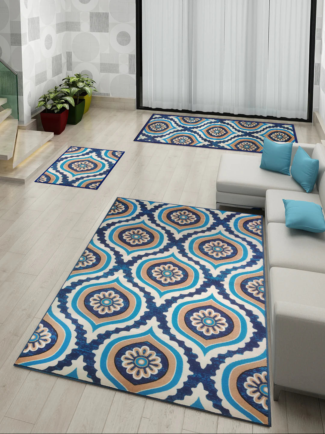 Athom Living Ikat Blue Premium Anti Slip Printed Doormat, Runner & Carpet Set