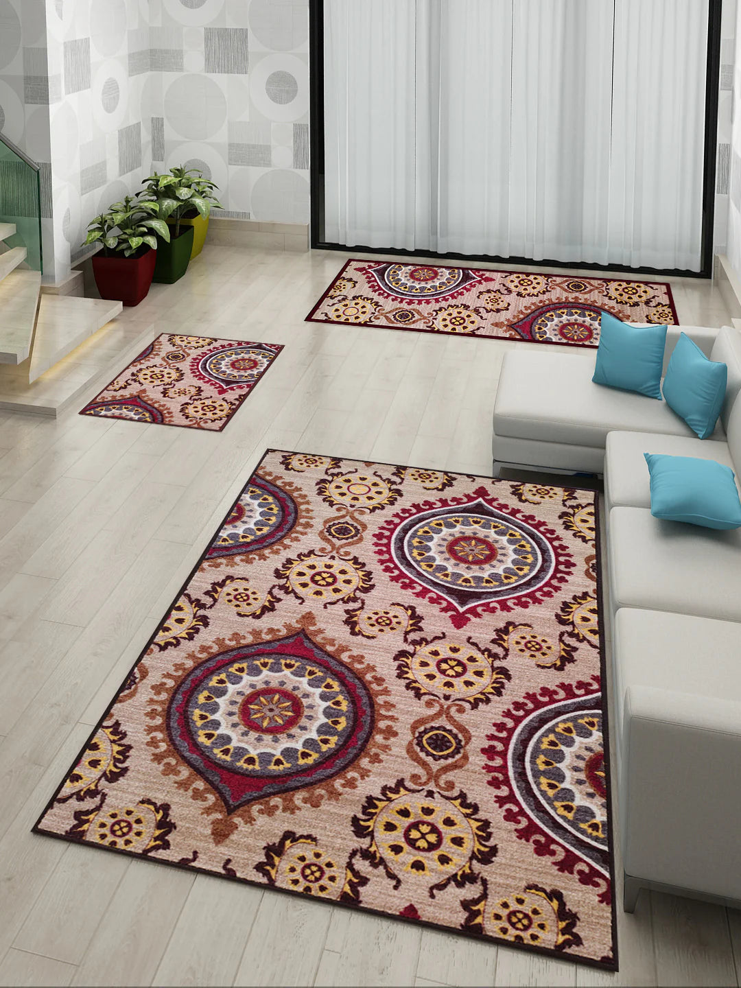 Athom Living Persian Maroon Premium Anti Slip Printed Doormat, Runner & Carpet Set