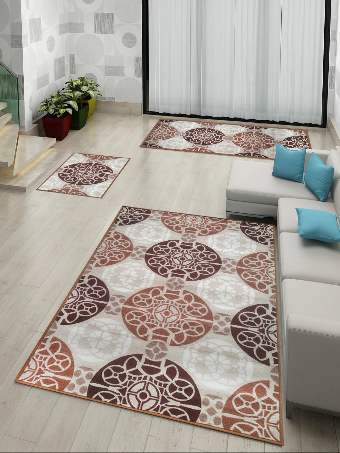 Athom Living English Beige Premium Anti Slip Printed Doormat, Runner & Carpet Set