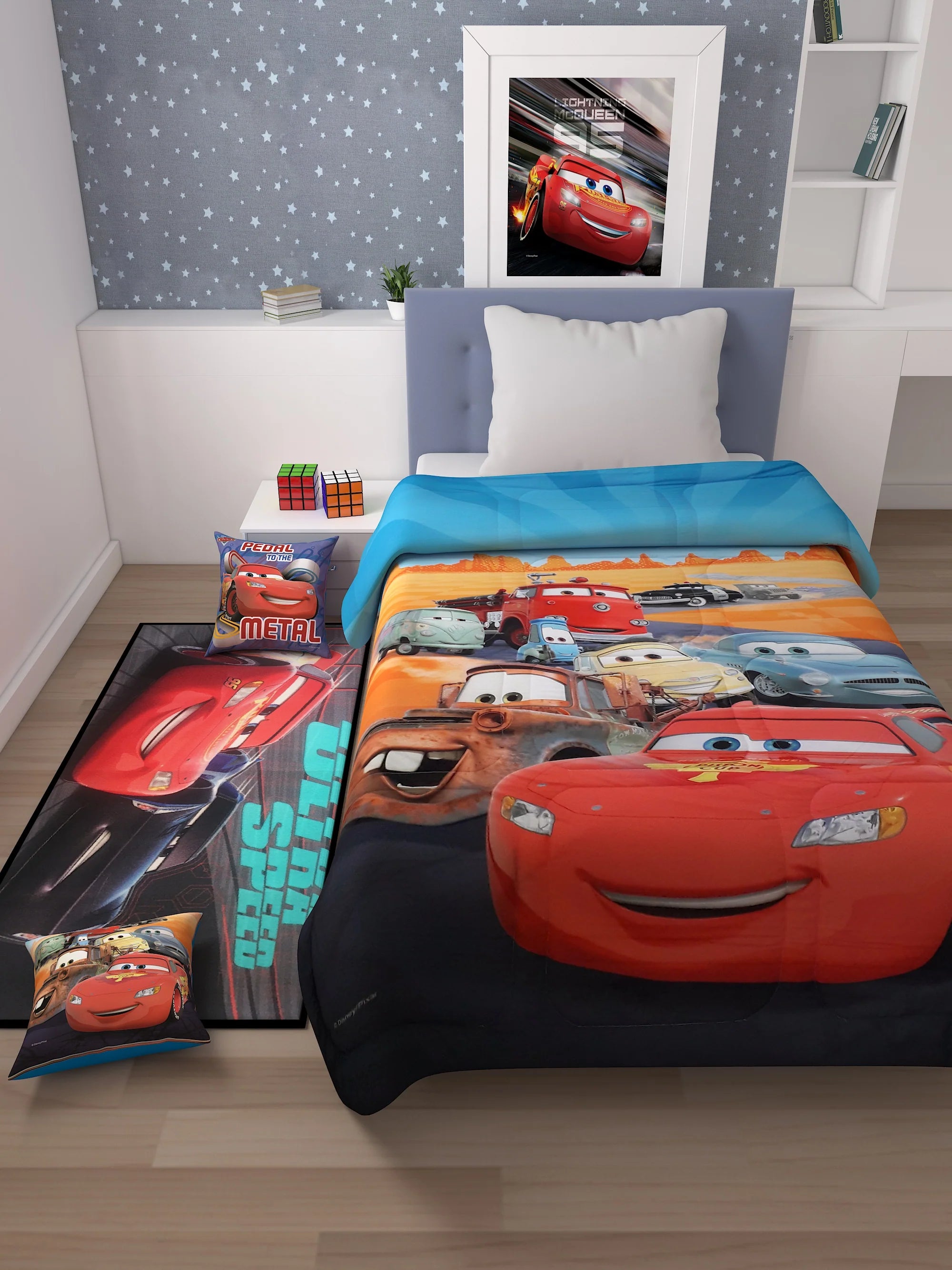 Athom Living Disney Cars Kids Room Set 1 Single Comforter + 1 Runner Carpet + 2 Cushion Cover