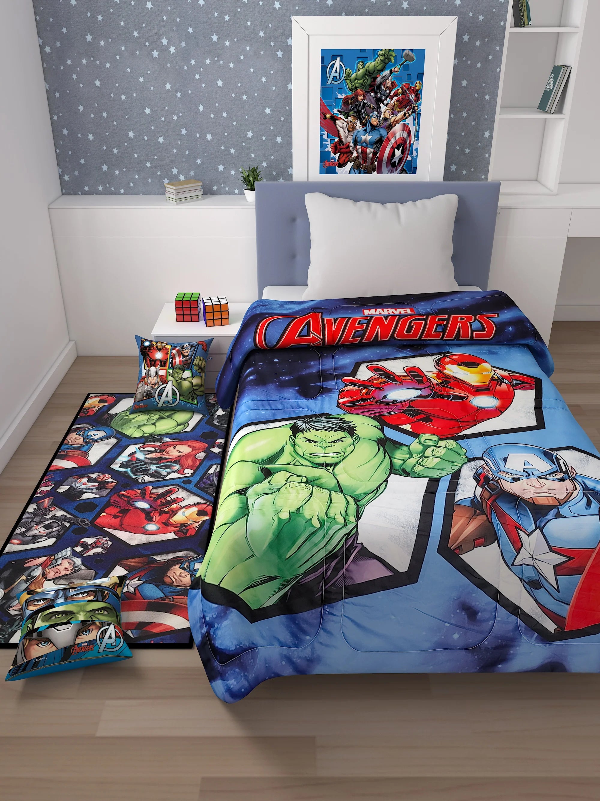 Athom Living Avengers Hulk Kids Room Set 1 Single Comforter + 1 Runner Carpet + 2 Cushion Cover