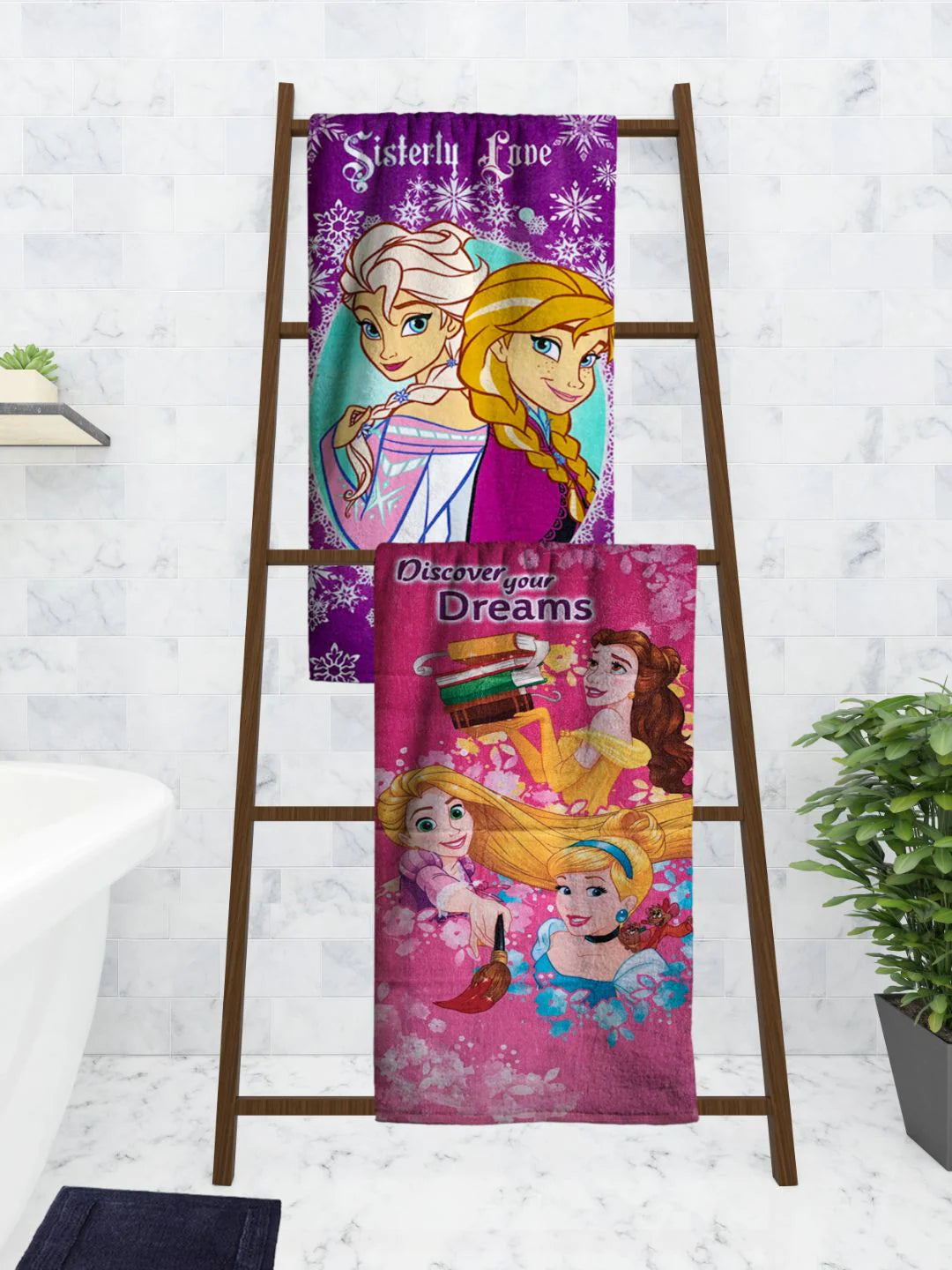 Athom Living Disney Frozen Sisterly Love & Princess Kids Cotton Bath Towel 60x120 Cms (Pack Of 2)