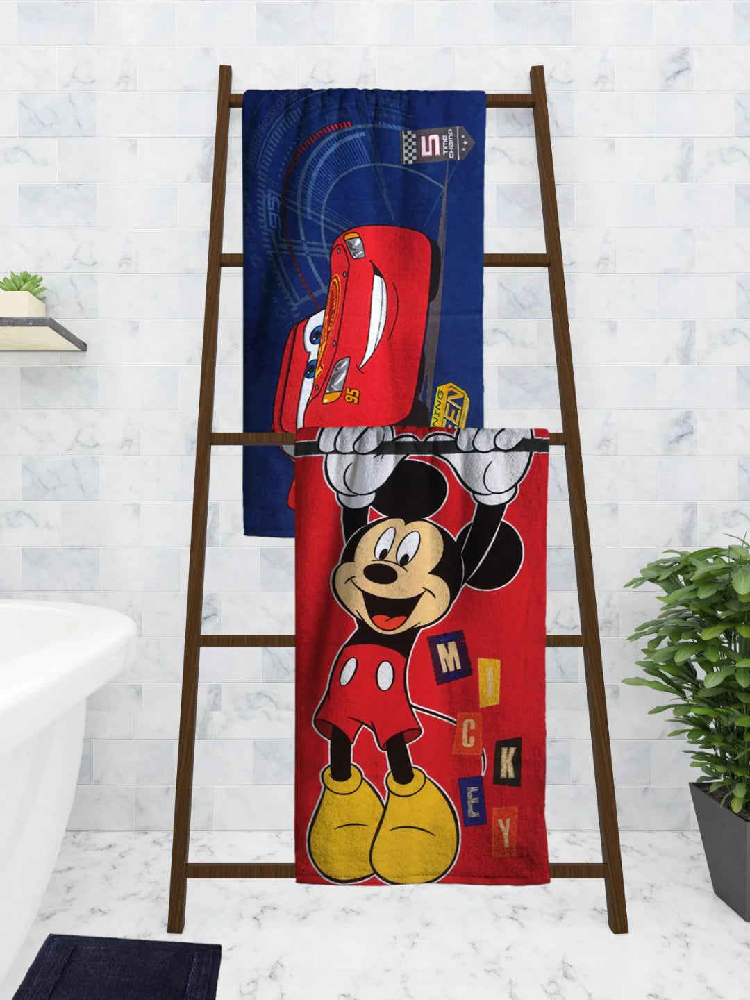 Athom Living Disney Red Mickey Mouse & MCQueen Blue Cars Kids Cotton Bath Towel 60x120 Cms (Pack Of 2)