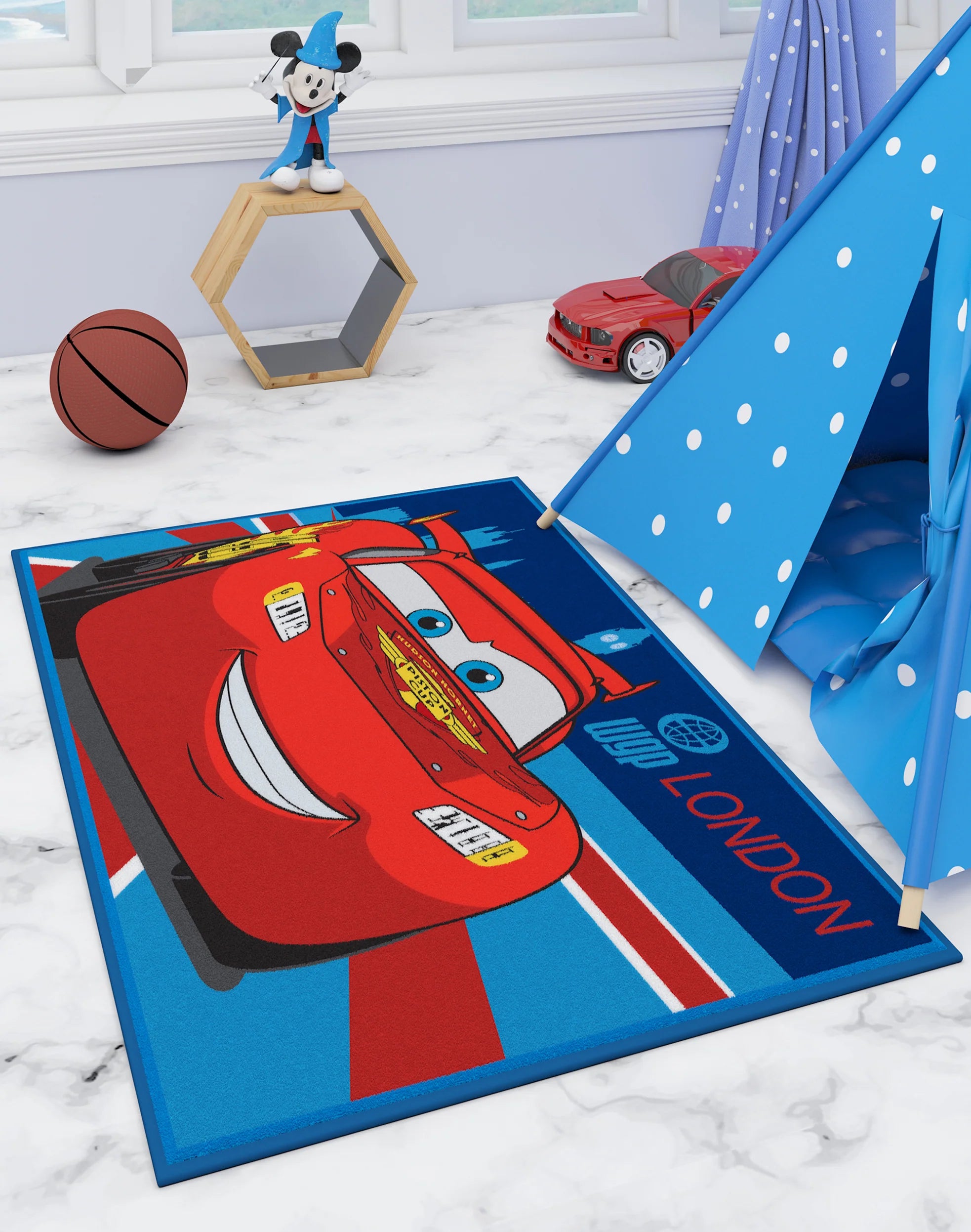 Disney London Cars Kids Blue Carpet 3ft X 5ft