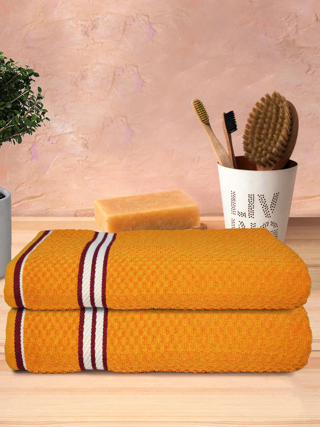 Athom Living Popcorn Textured Solid Bath Towel Yellow 67x137 Cm Pack Of 2