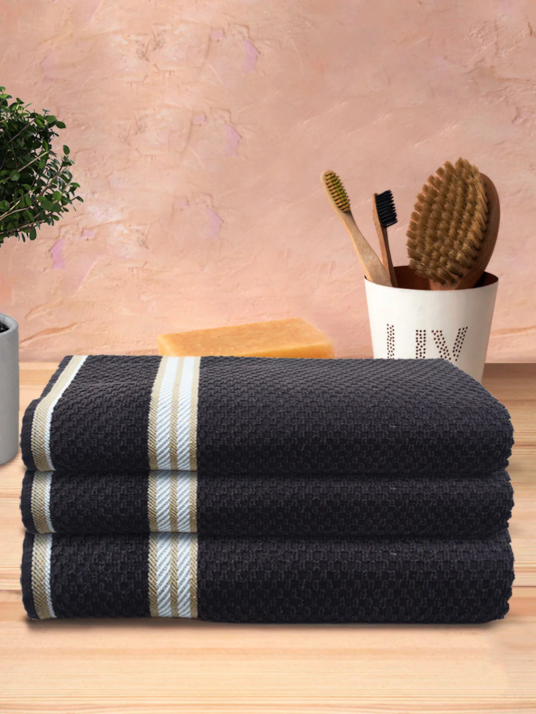 Athom Living Popcorn Textured Solid Bath Towel Brown 67x137 Cm Pack Of 3