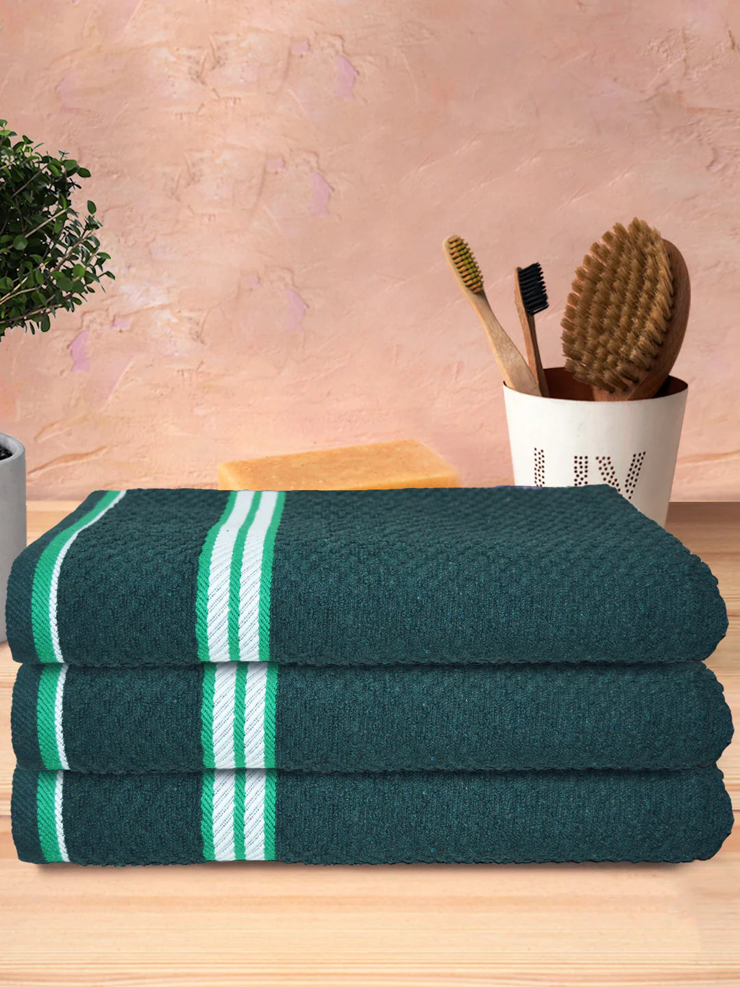 Athom Living Popcorn Textured Solid Bath Towel Green 67x137 Cm Pack Of 3