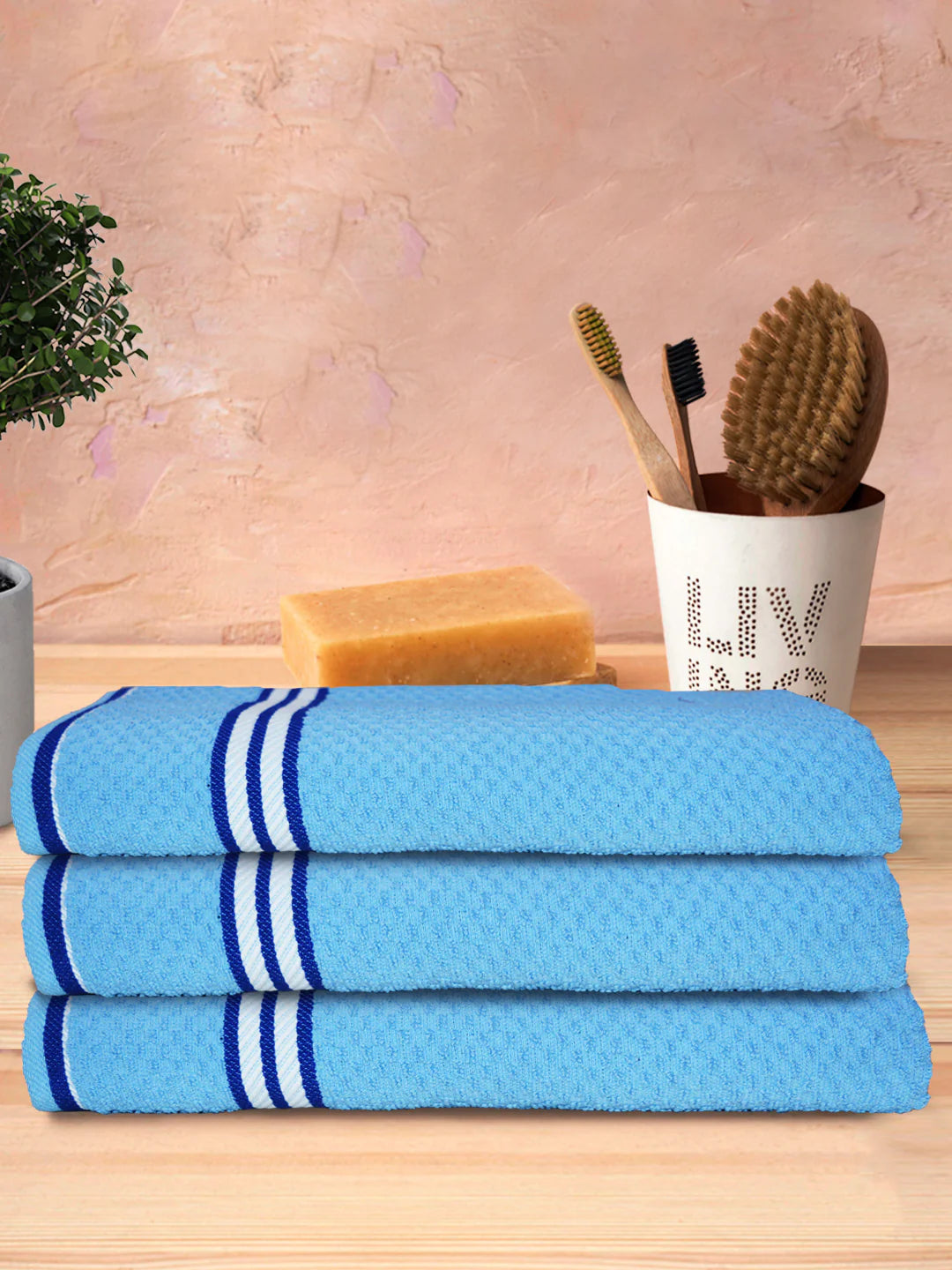 Athom Living Popcorn Textured Solid Bath Towel Blue 67x137 Cm Pack Of 3