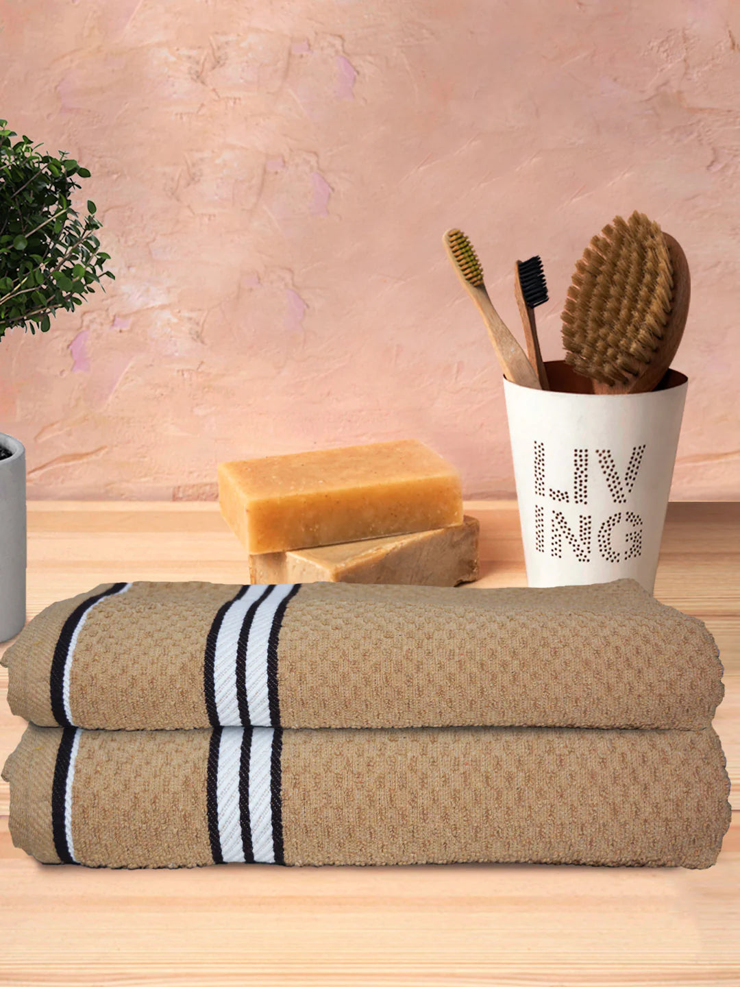 Athom Living Popcorn Textured Solid Bath Towel Beige67x137 Cm Pack Of 2