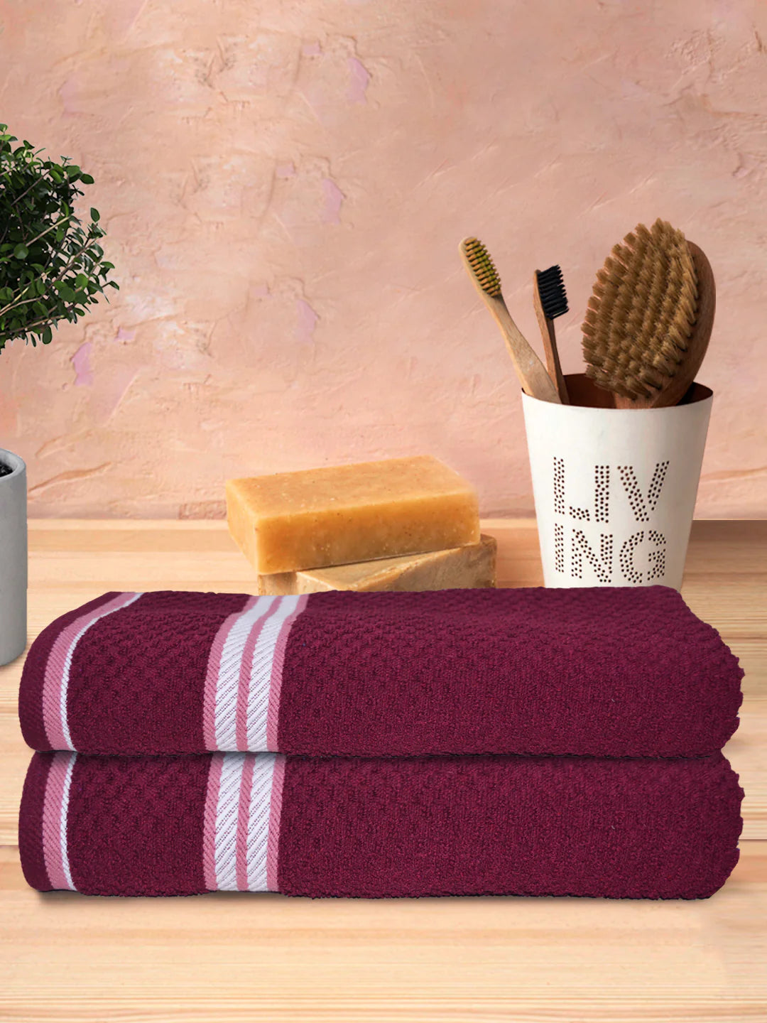 Athom Living Popcorn Textured Solid Bath Towel Maroon 67x137 Cm Pack Of 2