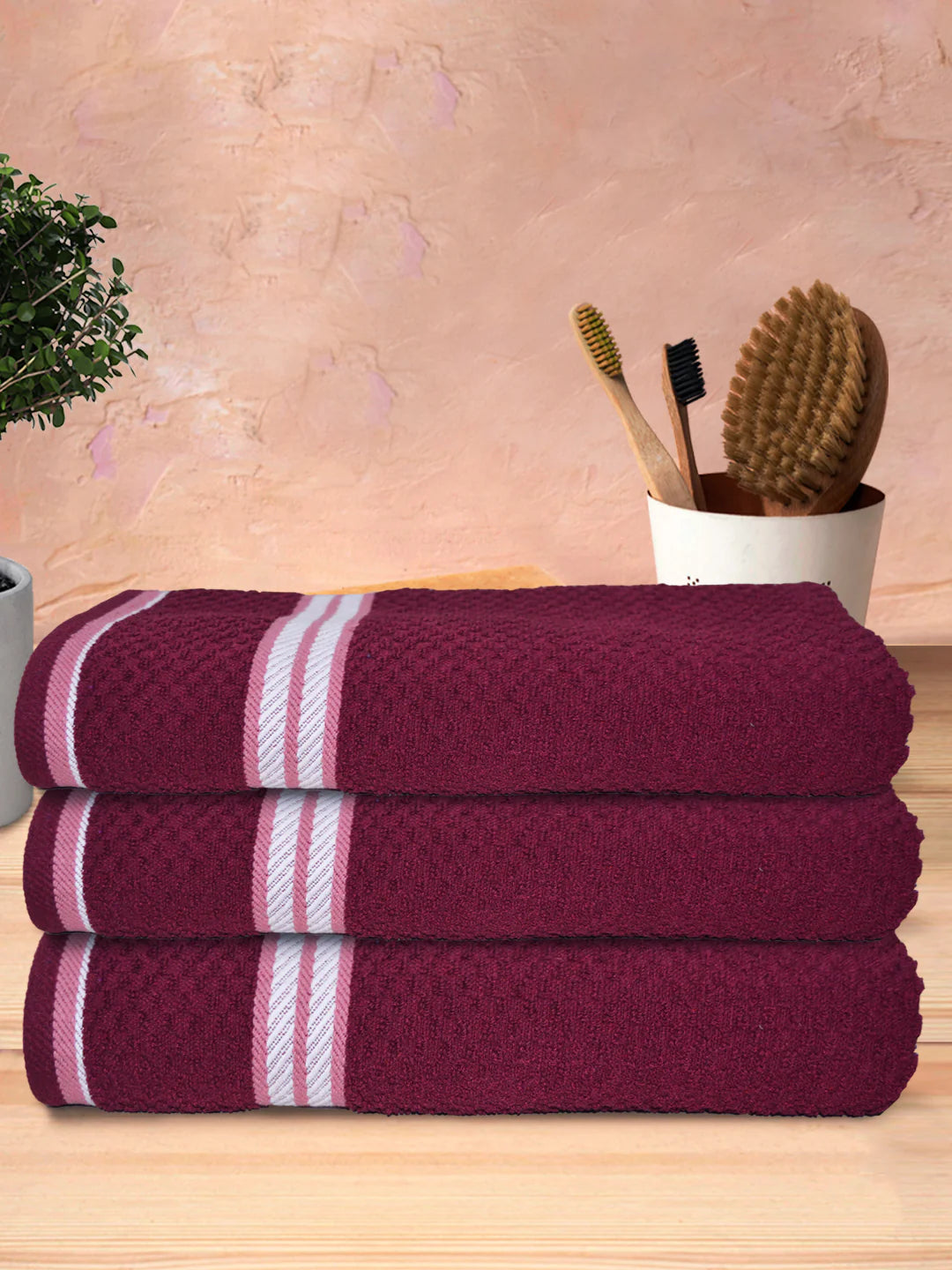 Athom Living Popcorn Textured Solid Bath Towel Maroon 67x137 Cm Pack Of 3