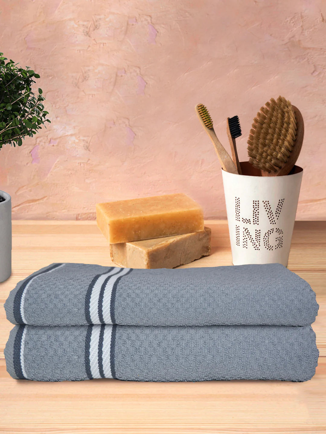 Athom Living Popcorn Textured Solid Bath Towel Grey 67x137 Cm Pack Of 2