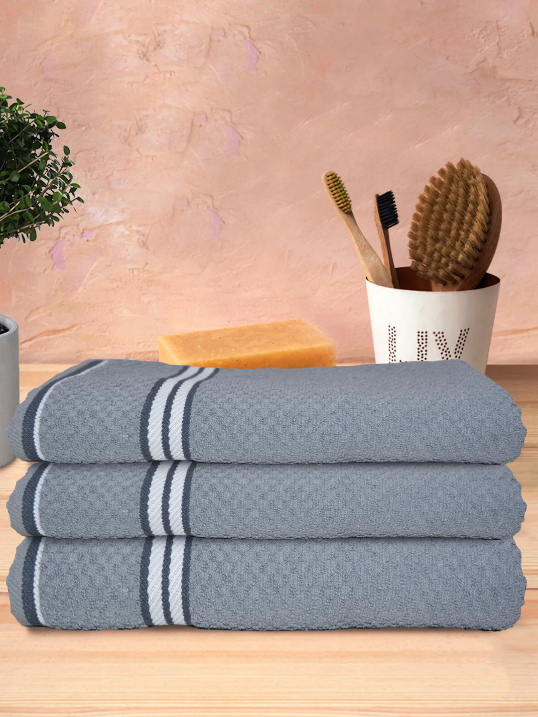 Athom Living Popcorn Textured Solid Bath Towel Grey 67x137 Cm Pack Of 3