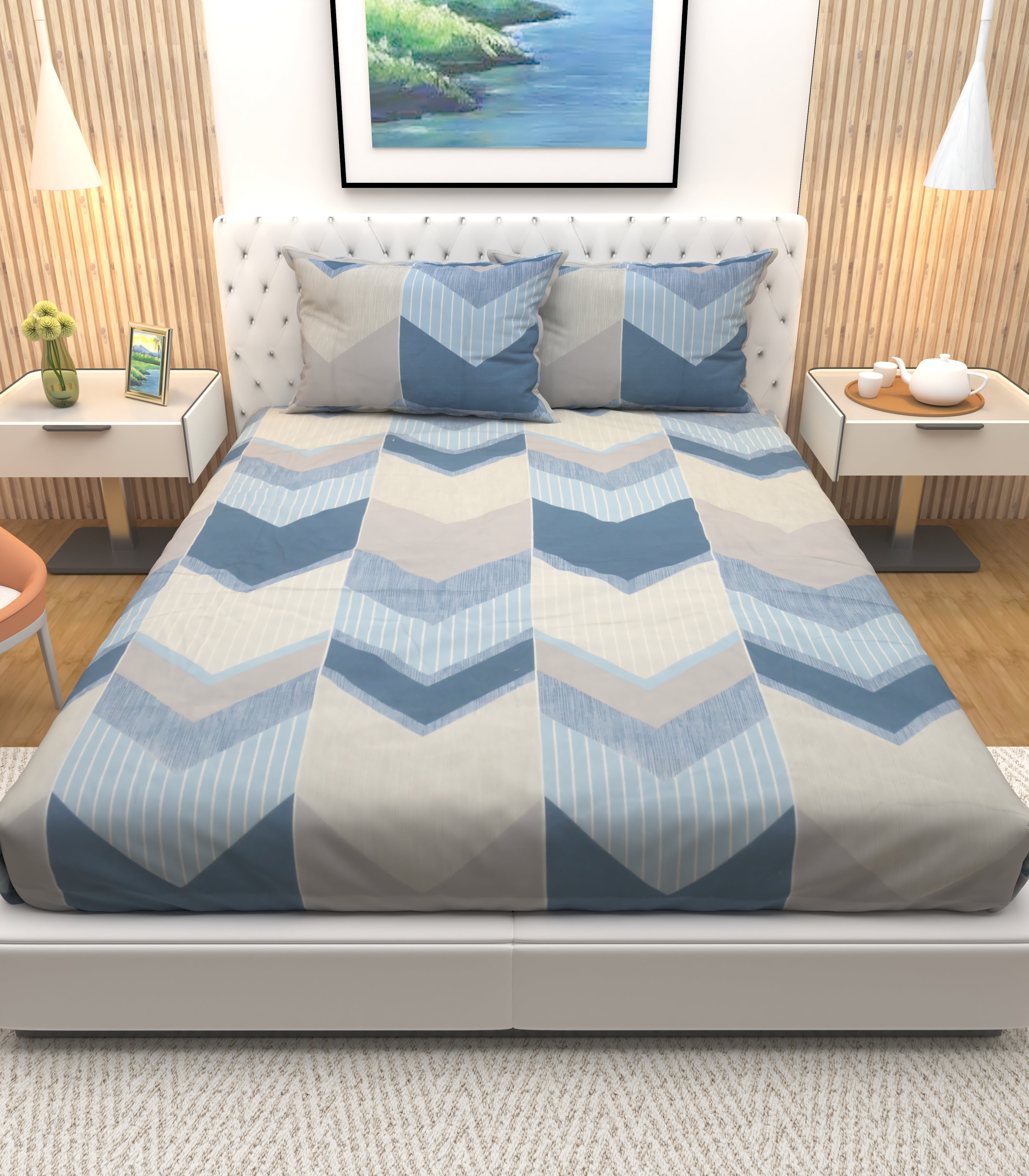 Athom Living Premium Bloom Cream with Blue Arrow Stripes printed Double Bedsheets with 2 Pillow Cover
