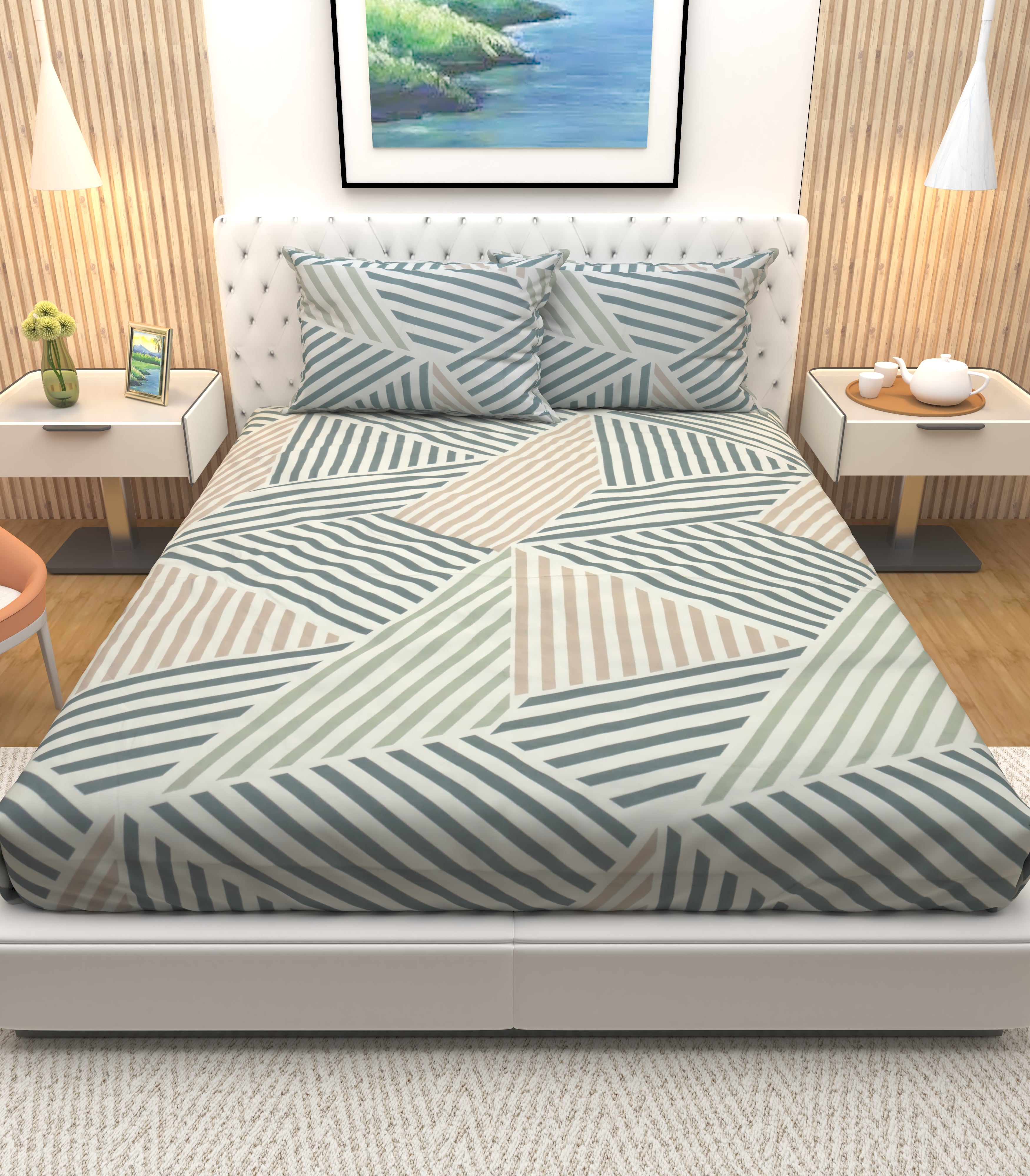 Athom Living Premium Floride with a Treianl Multicolor Stripes Double Bedsheet with 2 Pillow Cover