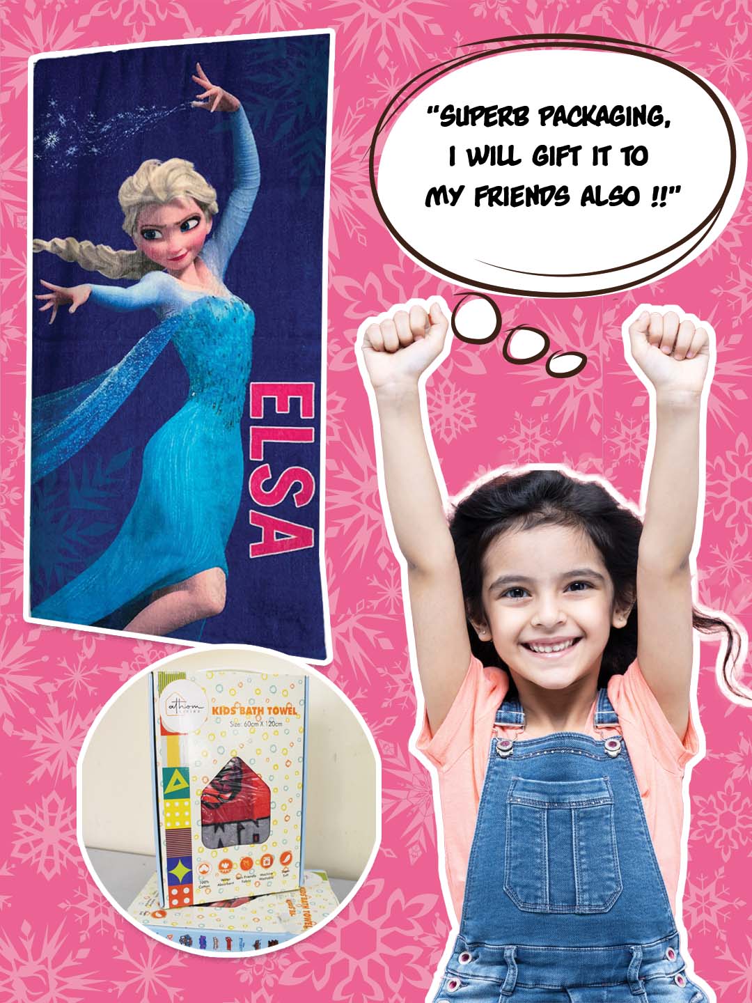 Athom Living Disney Frozen Elsa Bath Towel – Kids Cotton Towel 350 GSM, 60x120 cm, quick-drying, gentle, vibrant print, premium quality.