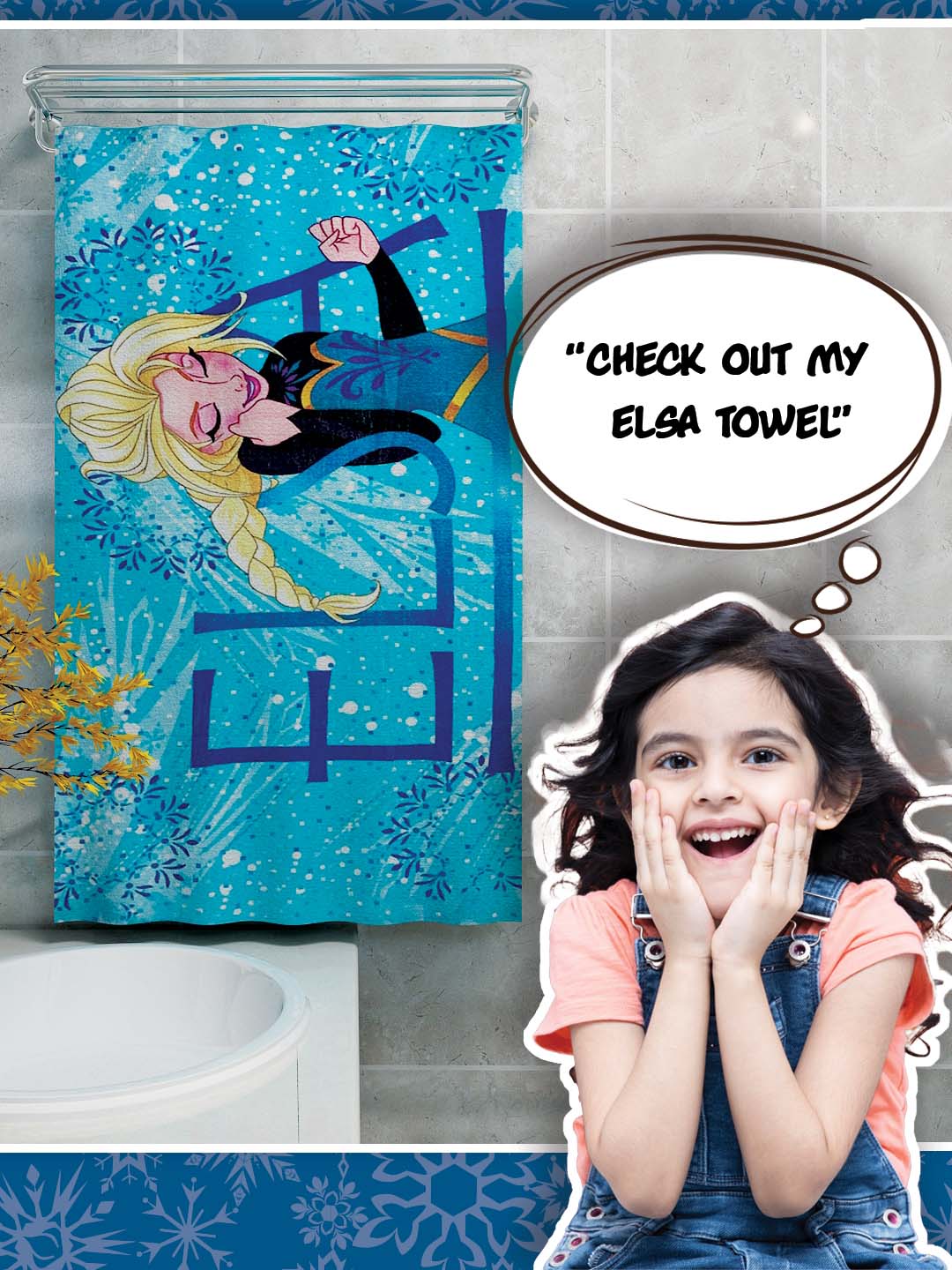 Athom Living Disney Frozen Elsa Blue Bath Towel for kids, 350 GSM premium cotton 60x120 cm – soft, absorbent, durable, easy care.