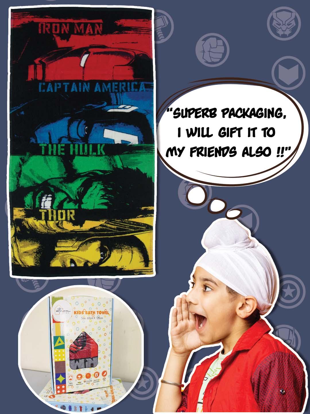 Athom Living Marvel Kids Bath Towel – 350 GSM cotton, 60x120 cm, featuring Captain America, Hulk & Thor for fun, stylish & absorbent kids bath time.