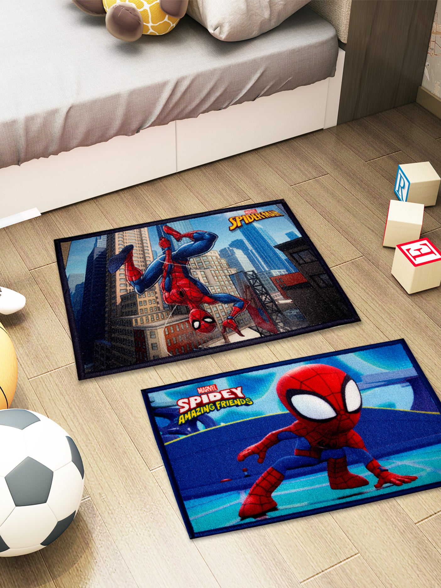 Athom Living Marvel Spiderman kids multicolor nylon doormat combo pack with latex backing, anti-skid design, size 37x57 cm.