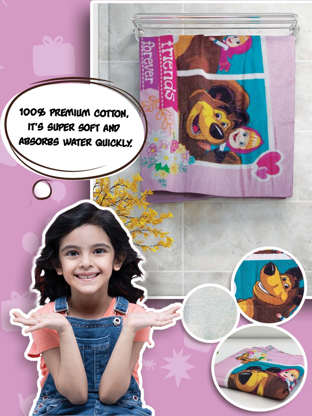 Athom Living Masha & The Bear kids towel, pink cotton bath towel, 350 GSM absorbent softness, 60x120 cm, perfect for kids bath time.