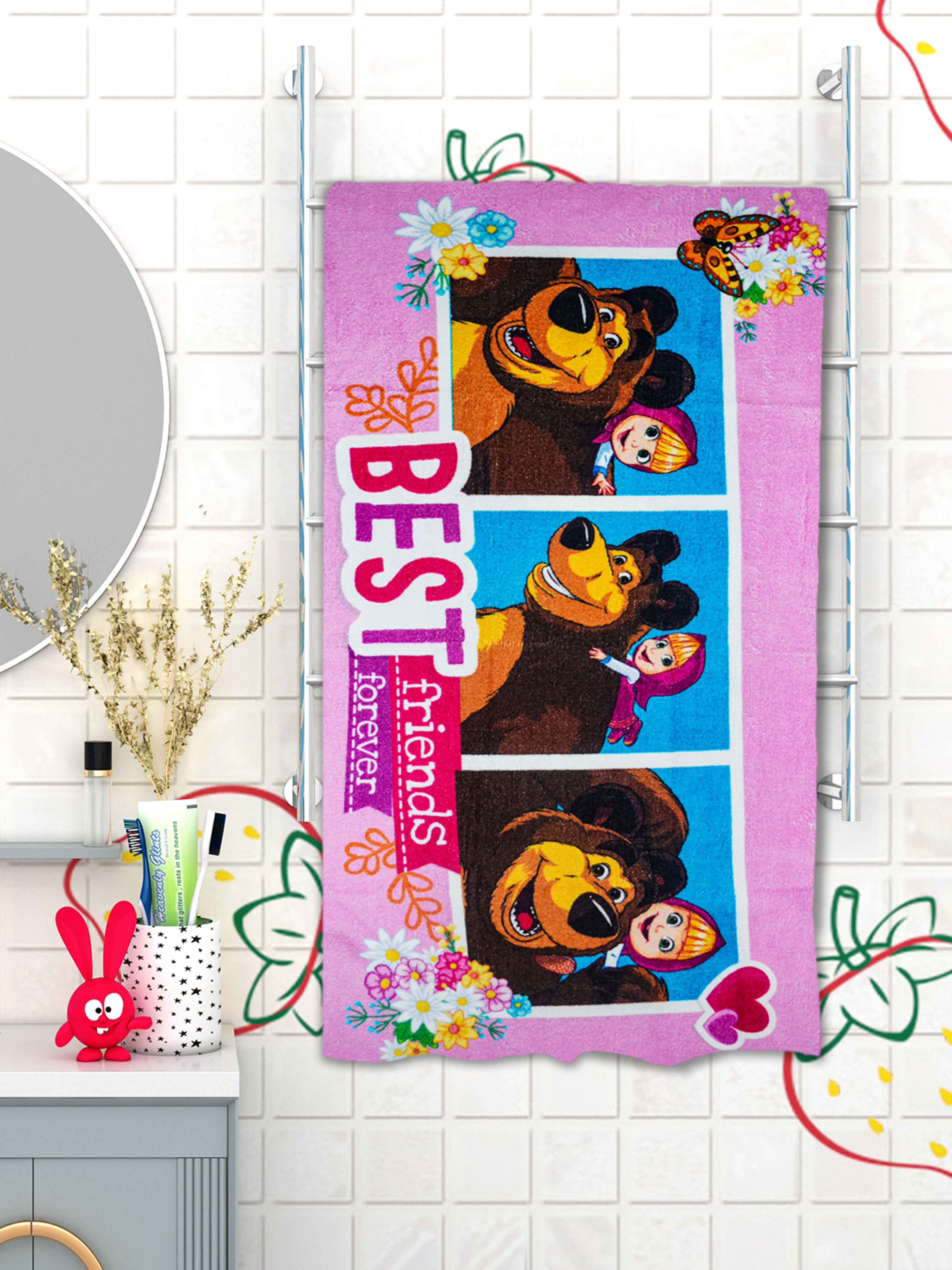 Athom Living Masha & The Bear pink kids cotton bath towel 350 GSM, soft absorbent, 60x120 cm size, perfect for toddlers and daily bath use.