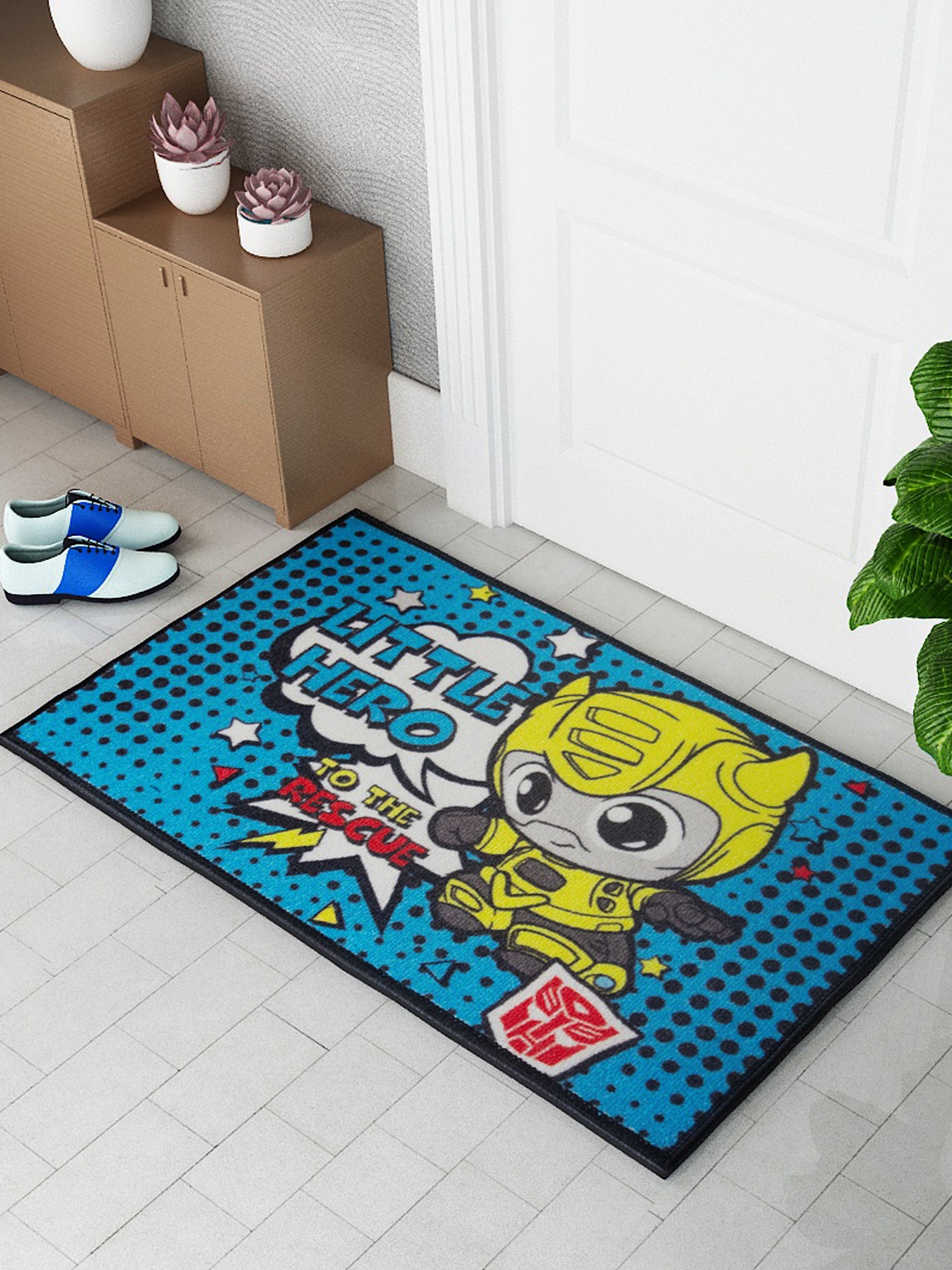 Athom Living Transformer Kids Doormat – Little Hero to the Rescue theme, 37x57 cm medium door mat with anti-skid latex backing, premium nylon print ideal for kids’ bedroom or bath area.