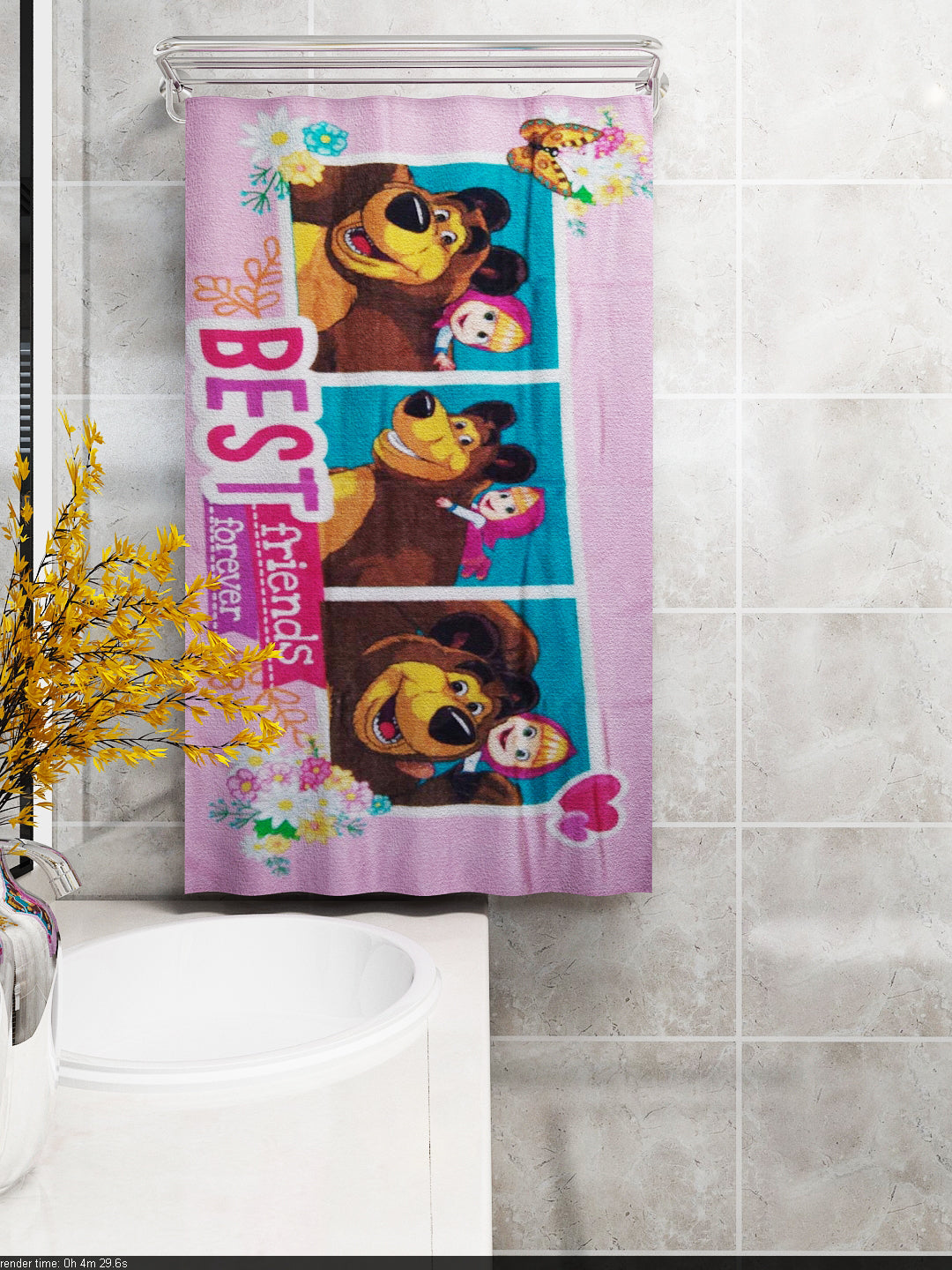 Athom Living kids bath towel, Masha & The Bear print, 100% cotton, 350 GSM absorbent softness, 60x120 cm size, perfect for children.