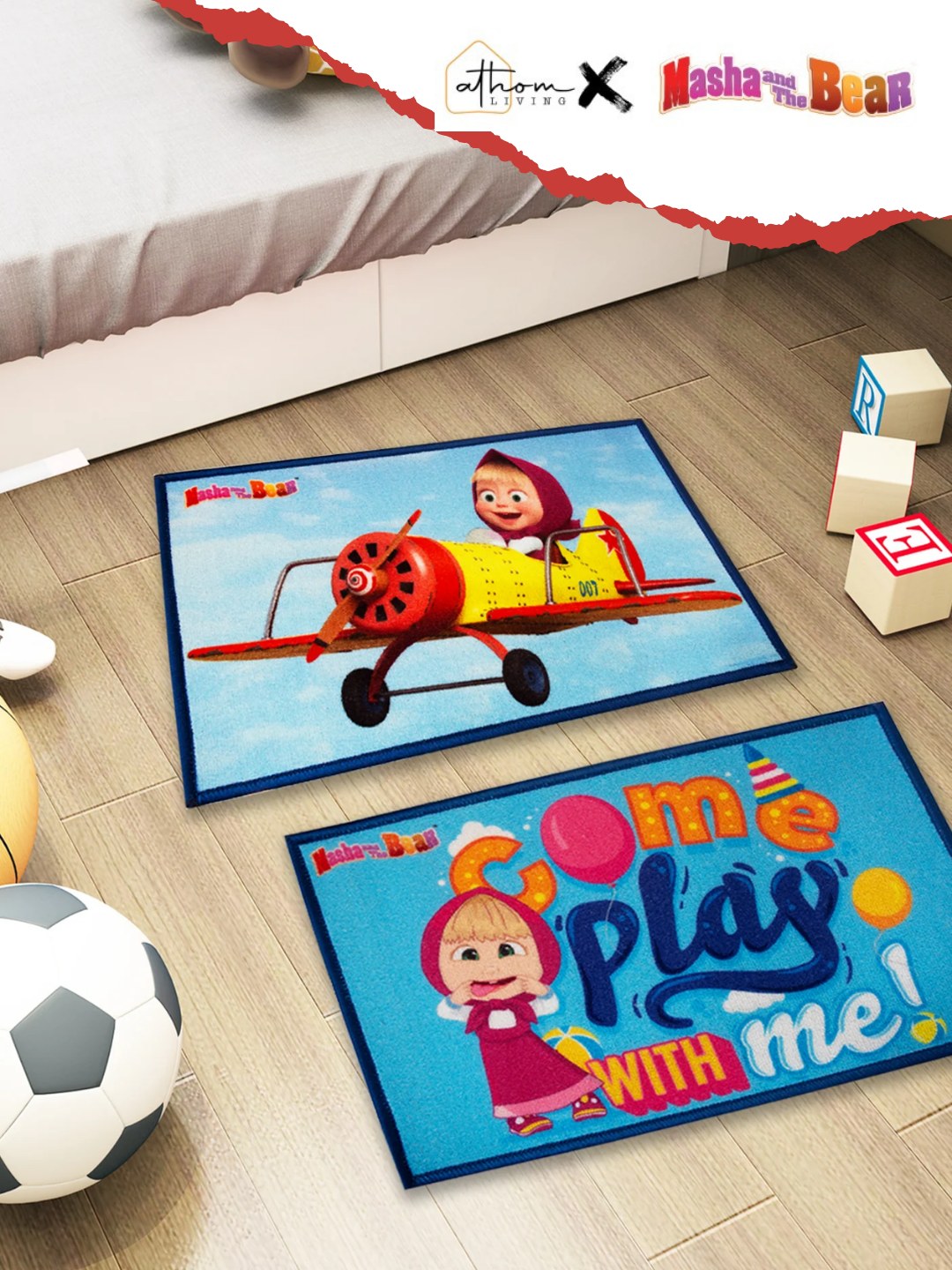 Bright and cheerful Masha and The Bear Kids Doormat Set of 2 – Premium Printed Nylon Door Mat (37x57 cm), Anti-Skid Latex Backing, perfect for kids’ rooms and bathrooms by Athom Living.