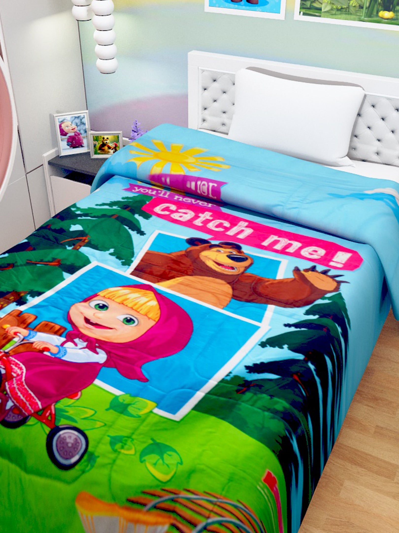 Cozy Masha & The Bear kids comforter – Single, “You Will Never Catch Me” theme by Athom Living, perfect for children’s bedrooms.