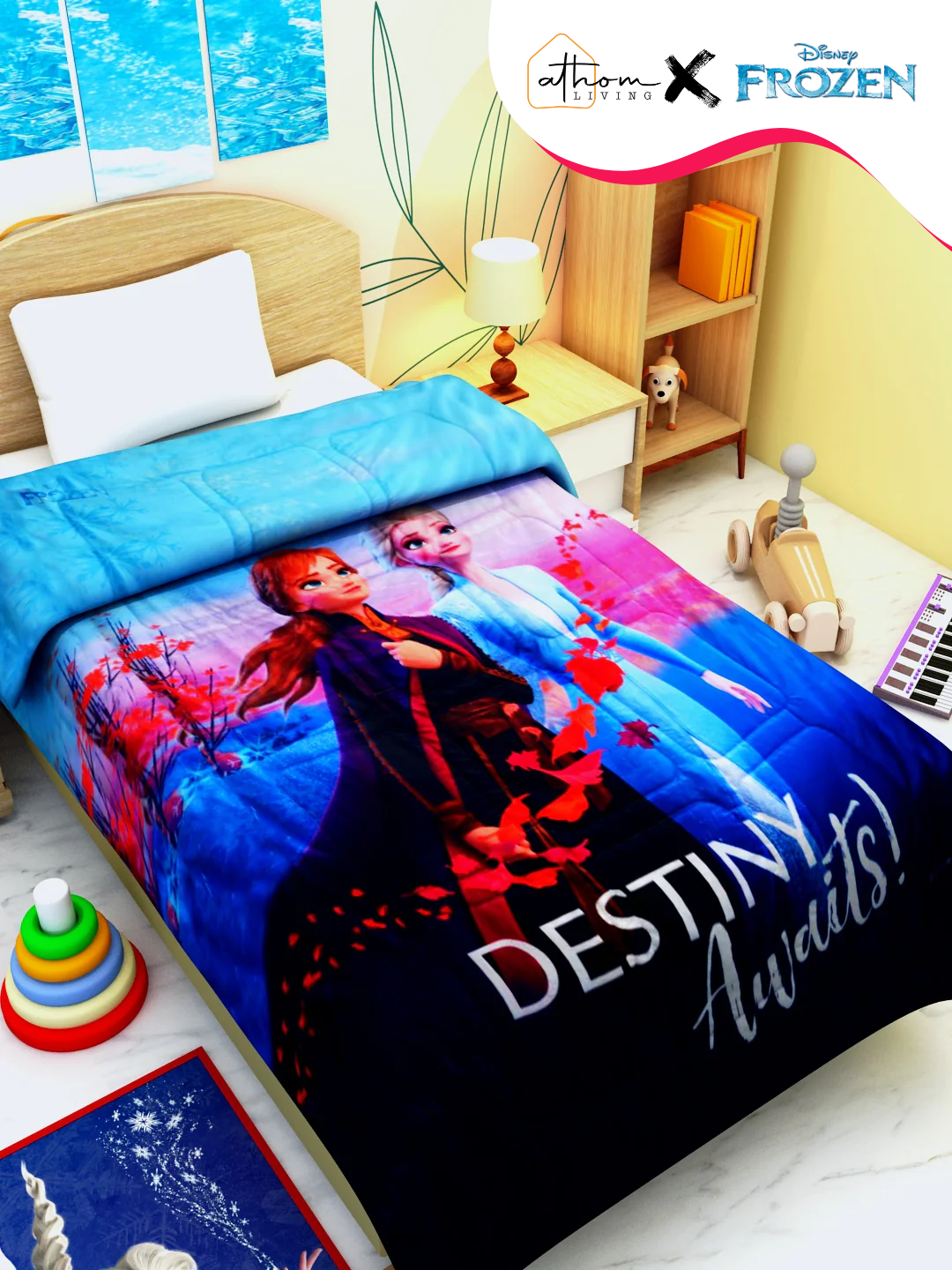 Cozy and colorful Disney Frozen kids comforter, featuring Elsa and Anna. Perfect single-size bedding for little ones. Soft and durable for every sleep.