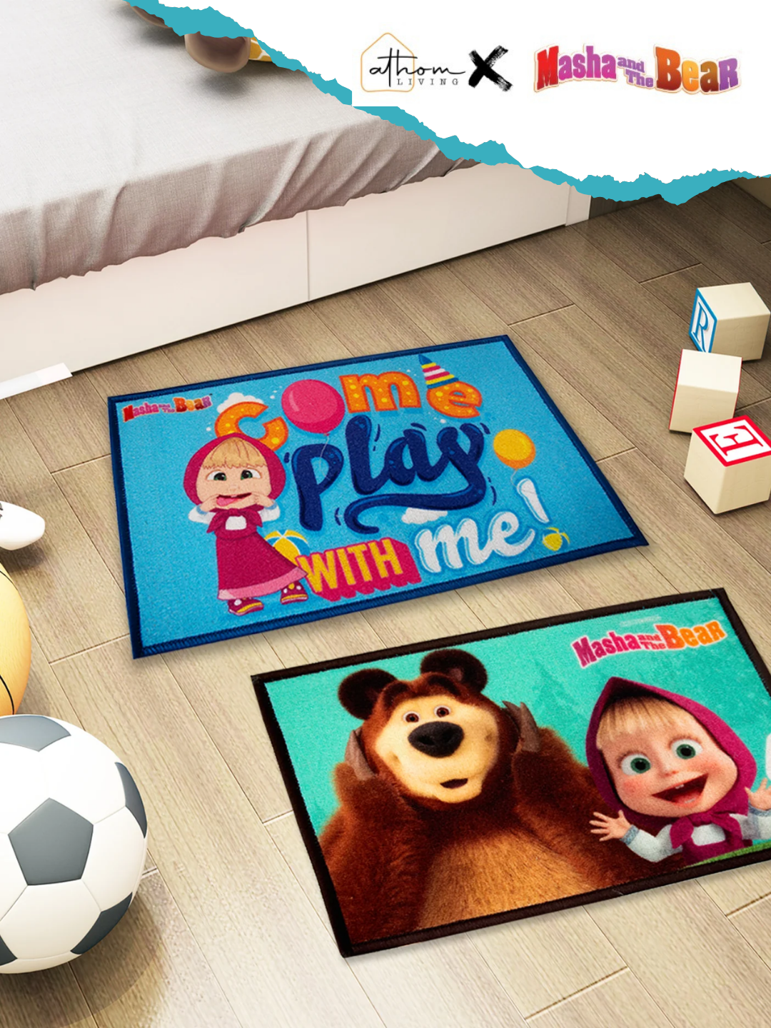 Cute Masha and The Bear Kids Doormat Pack of 2 – Medium 37x57 cm Printed Nylon Bath Mat with Anti-Skid Backing, Ideal for Kids Room, Bathroom or Play Area, Premium Quality by Athom Living.