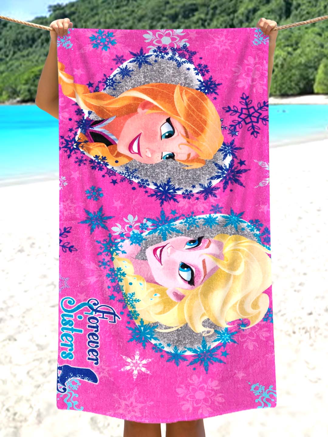 Disney Frozen Forever Sisters kids bath towel in cotton, 350 GSM, 60x120 cm. Soft, absorbent, and durable towel perfect for kids’ bath time comfort.