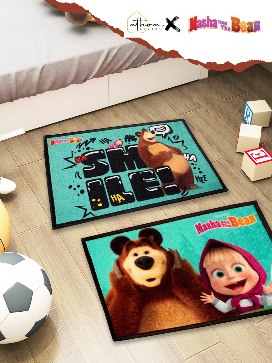 Masha & The Bear Kids Door Mat / Bath Mat Set of 2, Medium 37x57 cm by Athom Living. Premium printed nylon with anti-skid latex backing, perfect for kids’ rooms full of smiles and giggles.