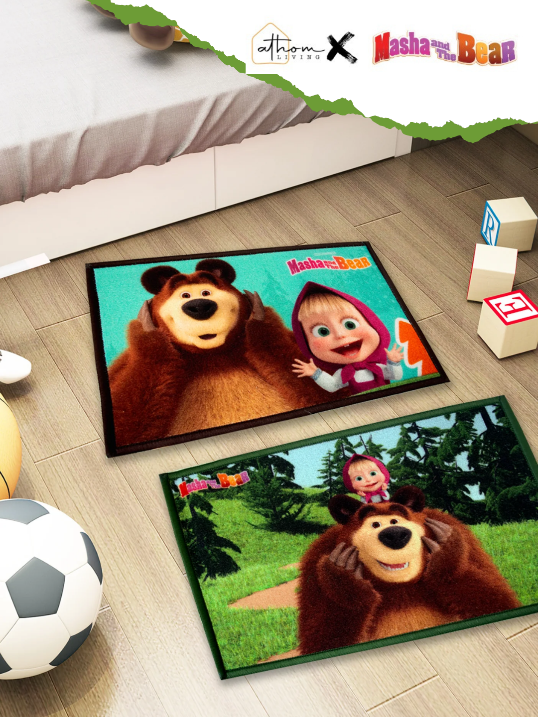 Masha & The Bear Kids Door Mat Set of 2 – 37x57 cm Medium Size, Premium Printed Nylon with Anti-Skid Latex Backing – Perfect Kids Bath Mat by Athom Living.