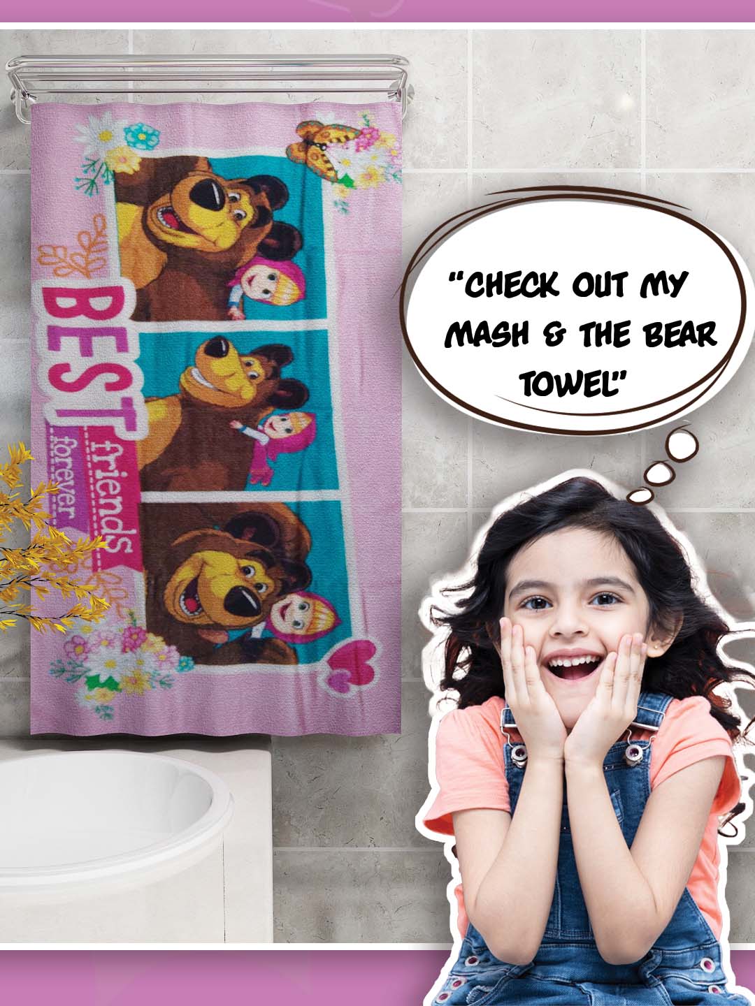 Masha & The Bear kids pink bath towel by Athom Living, premium 350 GSM cotton, soft absorbent fabric, gentle on skin, 60x120 cm.